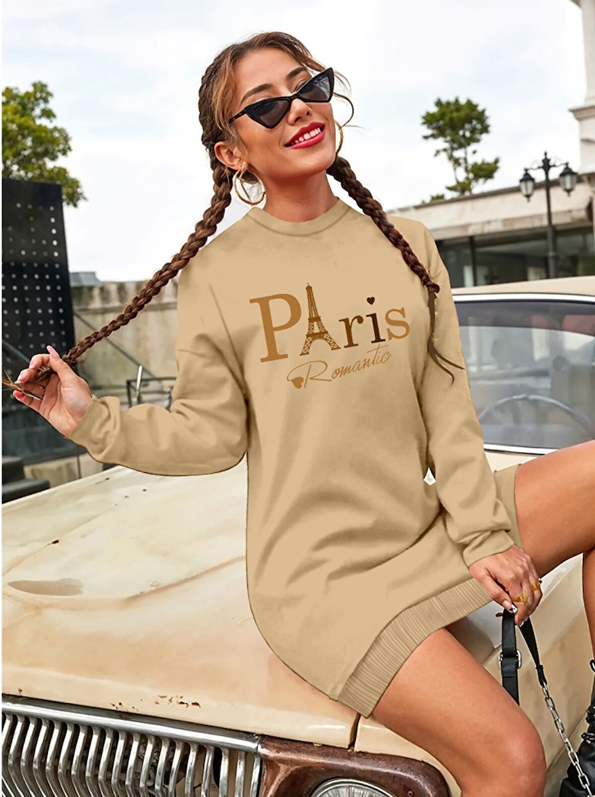 Modavera Kadın Uzun Kollu Bisiklet Yaka Yazılı Kısa Viskon Iki Iplik Elbise