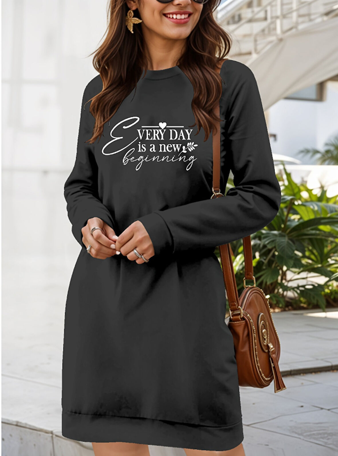 Modavera Kadın Uzun Kollu Bisiklet Yaka Kısa Viskon Iki Iplik Elbise