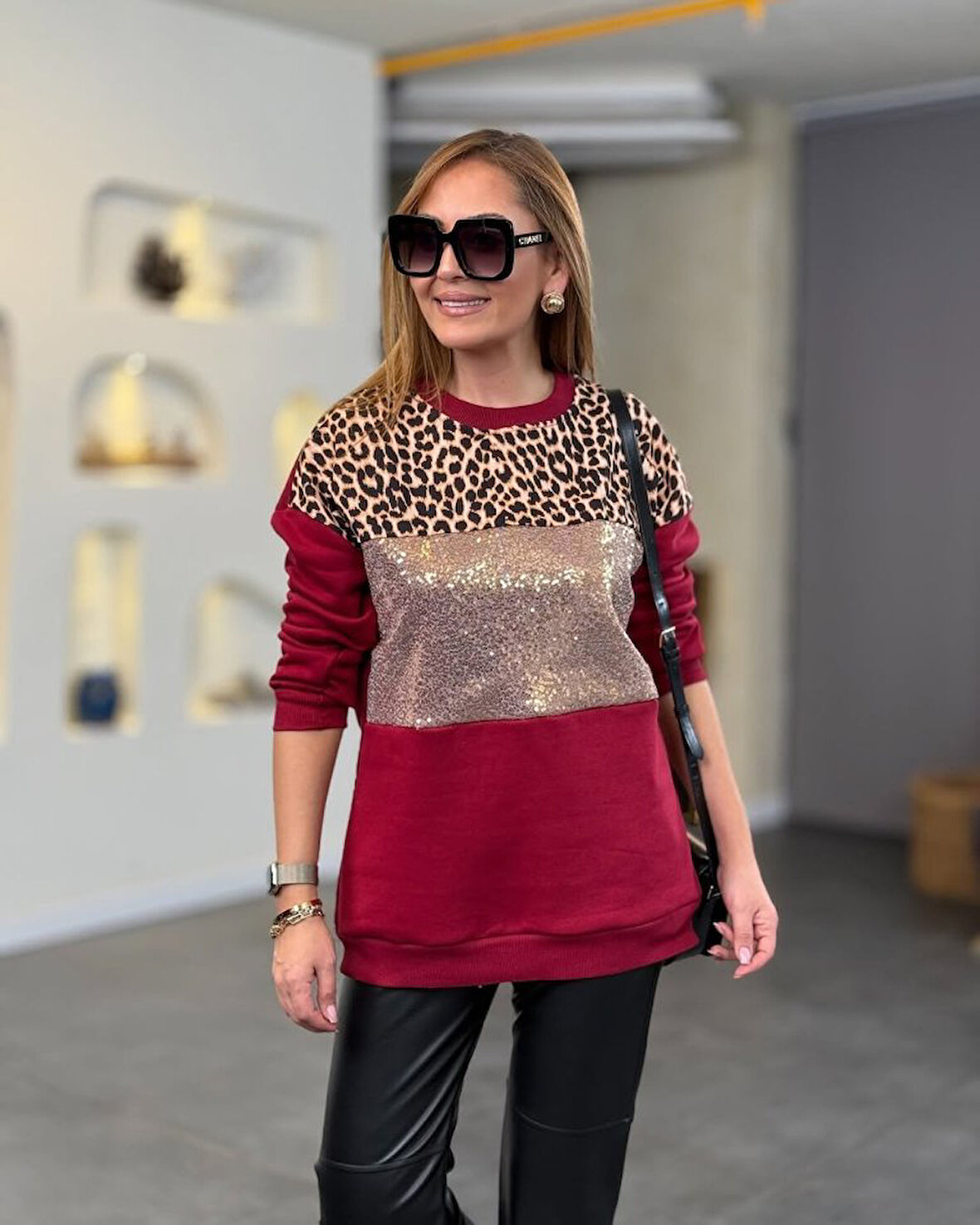 Modavera Kadın üç Iplik şardonlu Kumaş Leopar Desenli Bluz