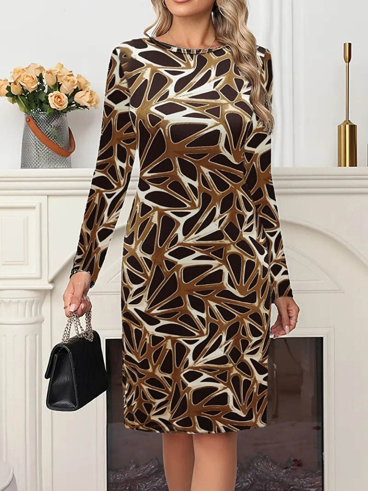 Modavera Kadın Uzun Kollu Bisiklet Yaka Desenli Dalgıç Kısa Elbise