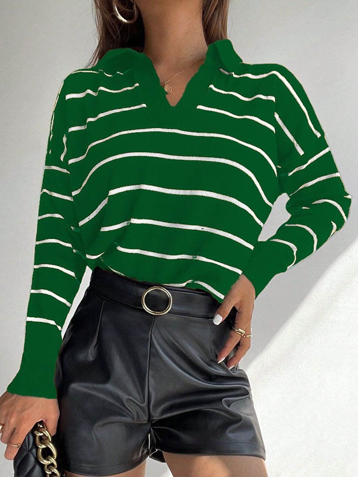 Modavera Kadın Uzun Kollu V Yaka çizgili Triko Bluz