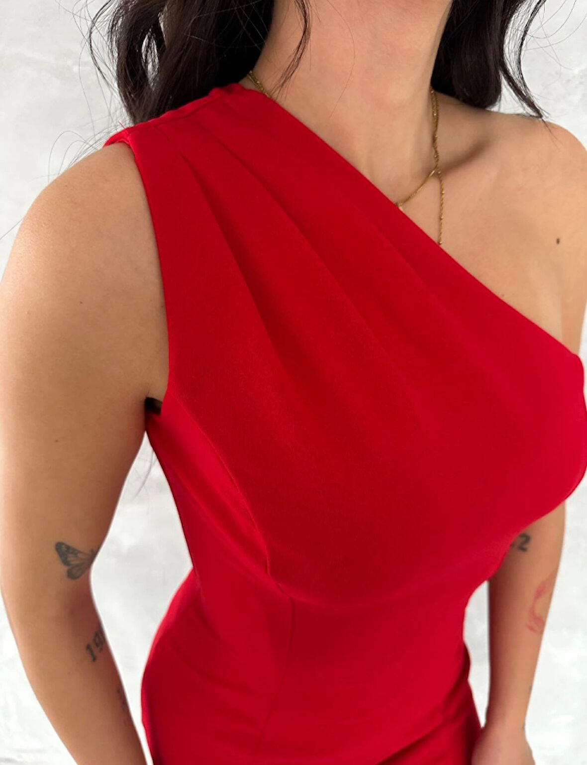 Modavera Tek Omuzlu Kolsuz Mini Boy Elbise - Kırmızı