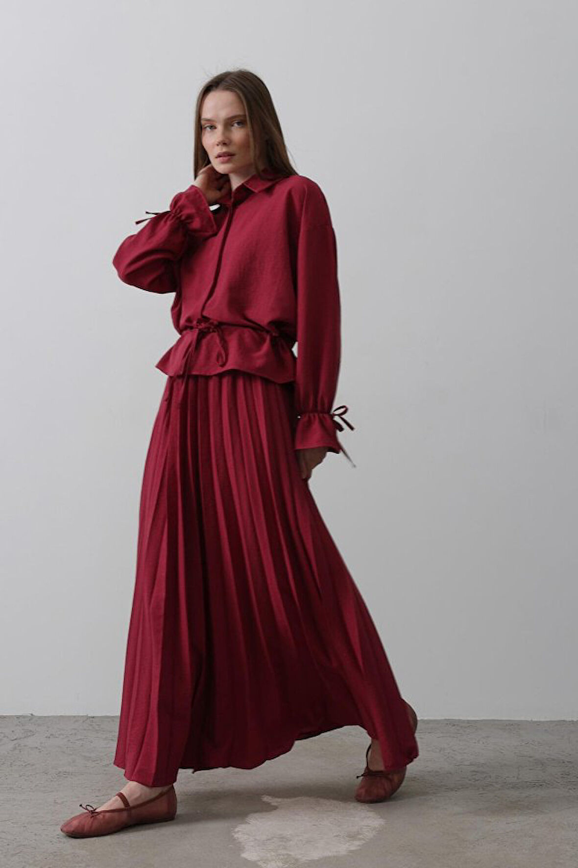 Modavera Bel Detaylı Bluz Pileli Etek - Bordo