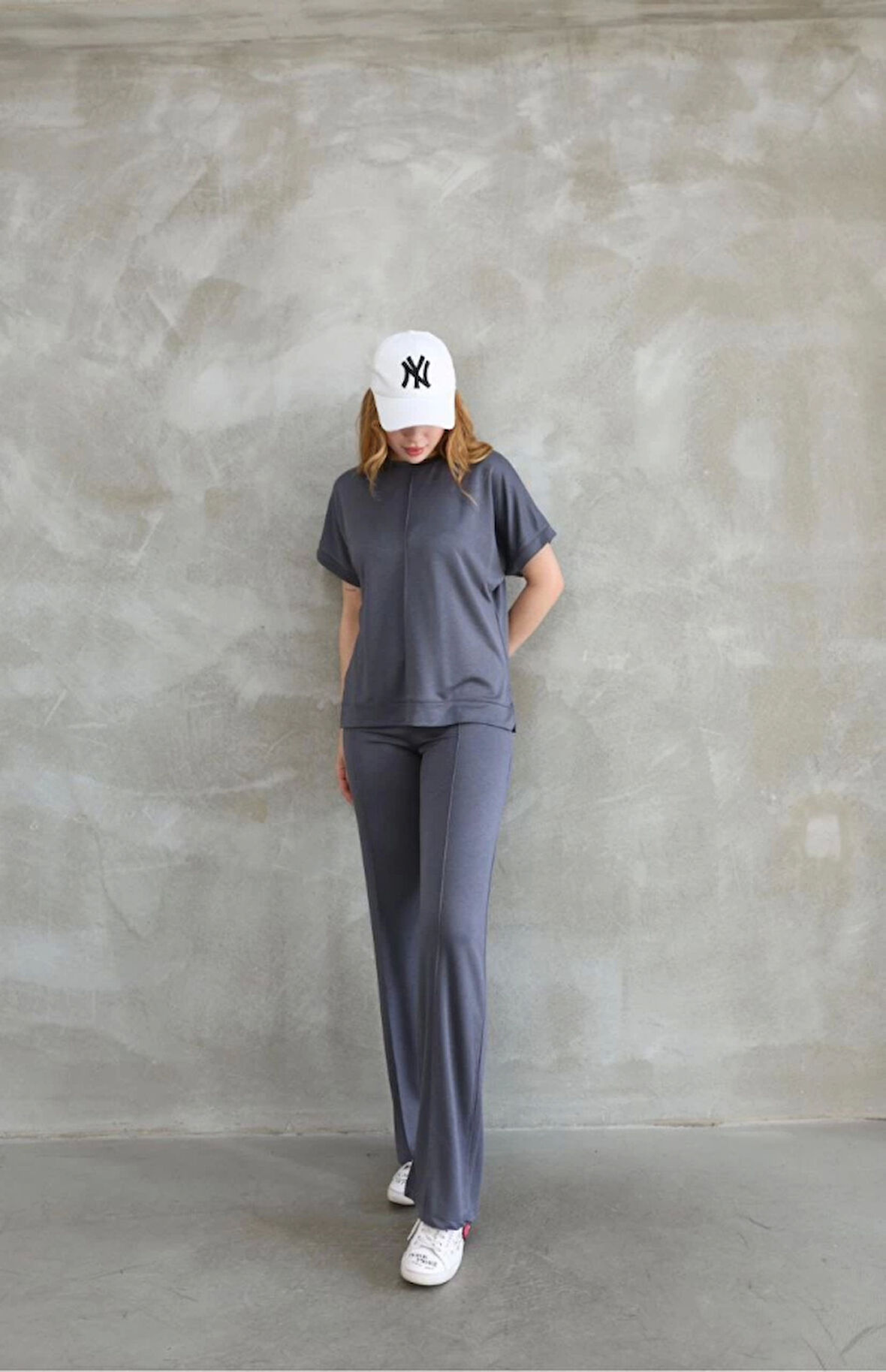 Modavera Osy Modal Yumuşak Dokulu Kumaş Bisiklet Yaka Taş Detaylı Kısa Kollu Takım - Gri