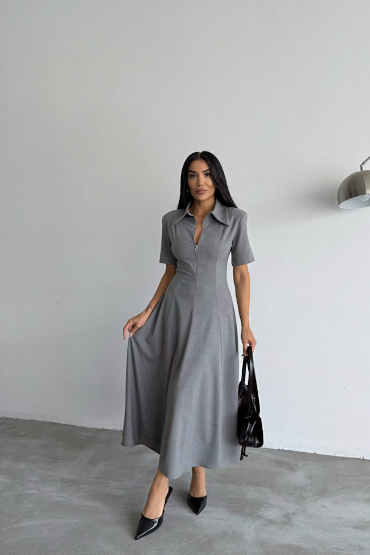 Modavera POLYVİSKON ELBİSE KISA KOL YAKA VE FERMUAR DETAYLI - Gri