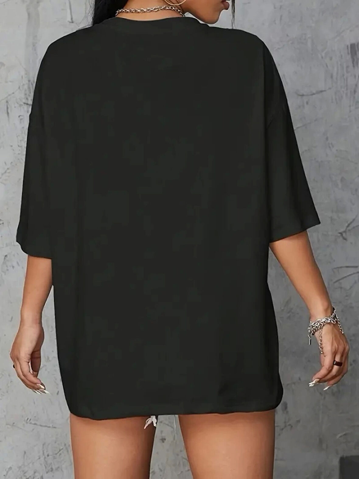 Modavera Baskılı Oversize Bisiklet Yaka T-shirt - Siyah