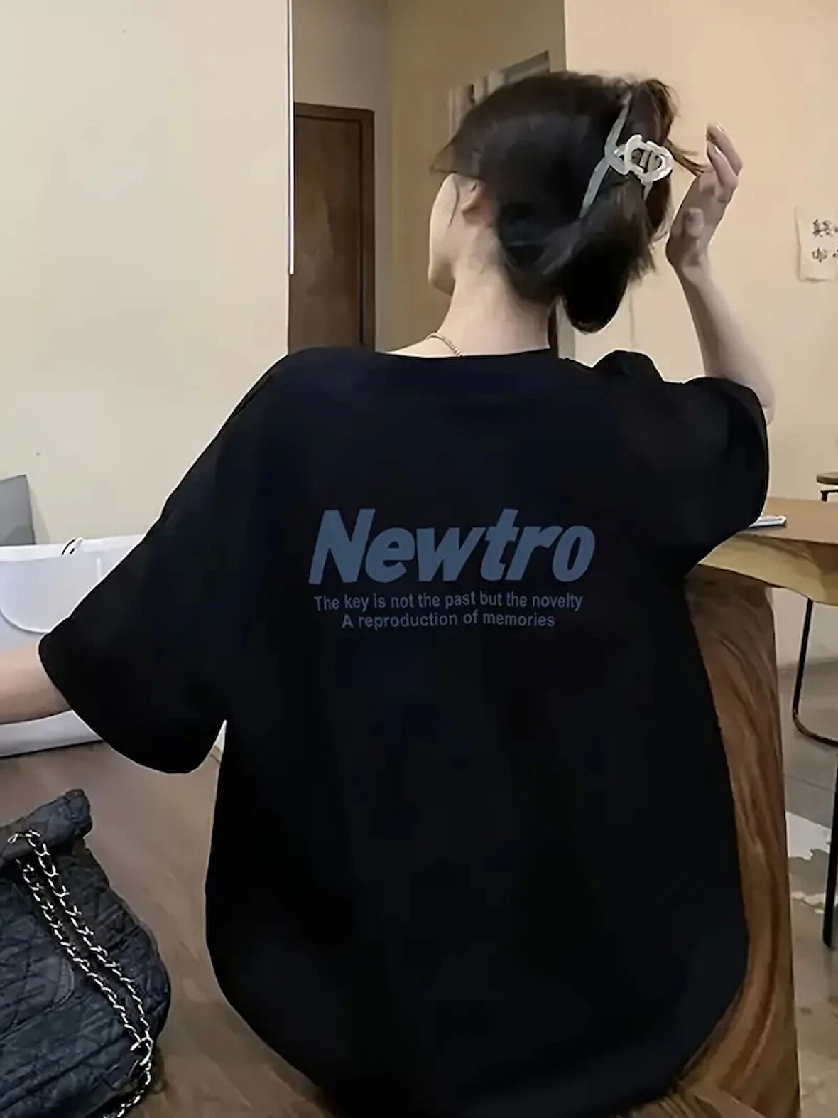 Modavera Baskılı Oversize Bisiklet Yaka T-shirt - Siyah