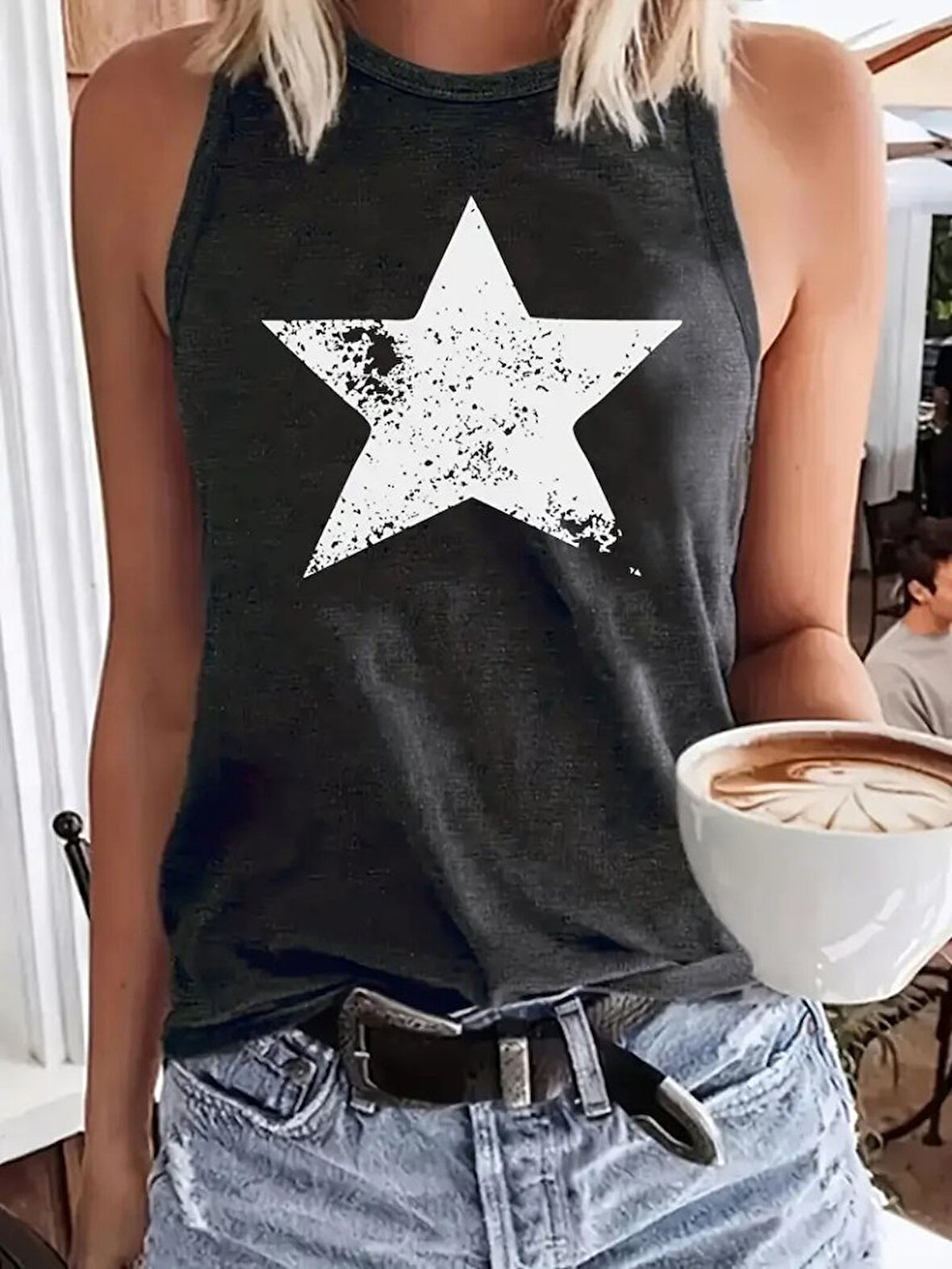 Modavera Kadın Askılı Yuvarlak Yaka Yıldız Desenli Süprem Bluz