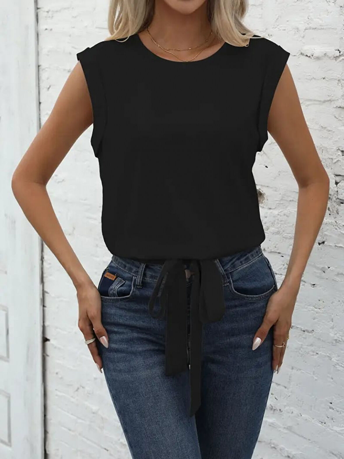 Modavera Kadın Sıfır Kol Etek Ucu Bağlama Detay Ithal Krep Bluz