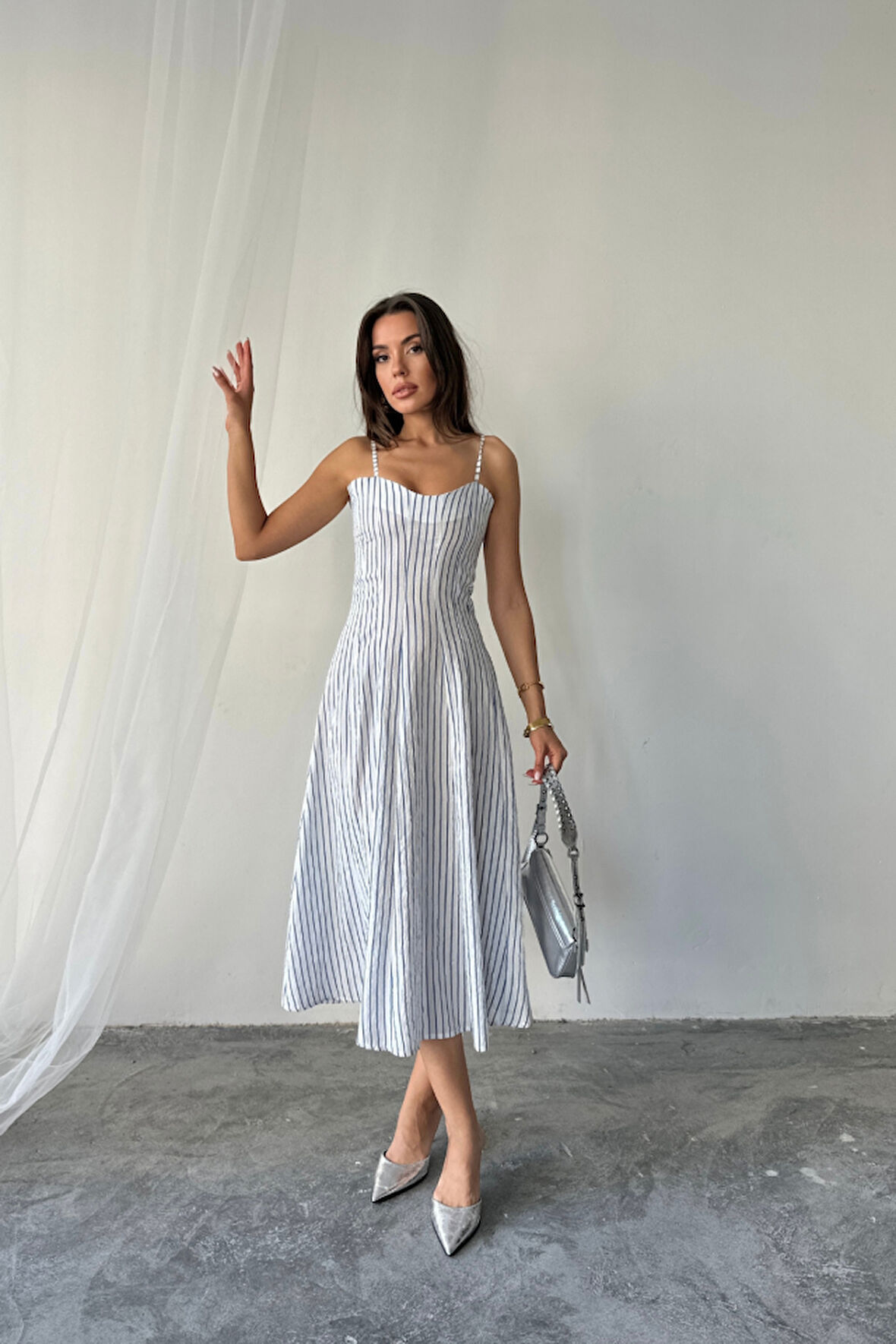 Modavera SİMLİ ÇİZGİLİ ASKILI ELBİSE MİDİ BOY - Mavi