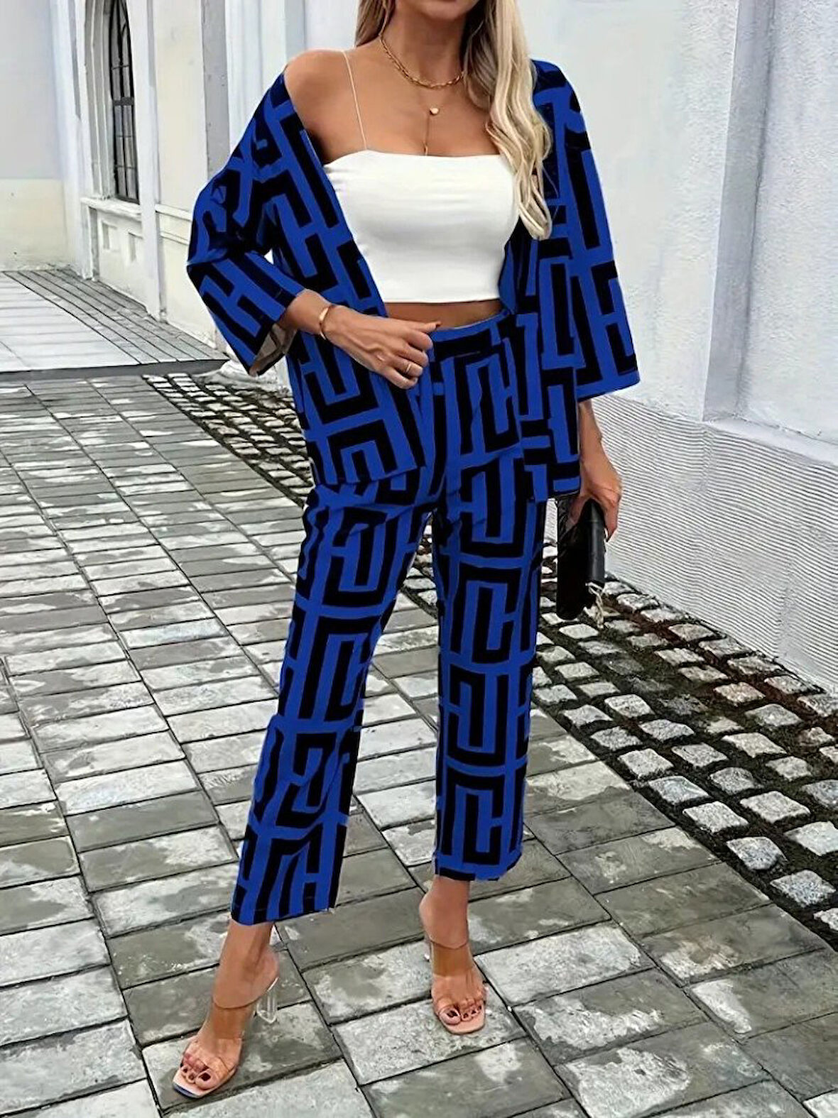 Modavera Kadın Uzun Kollu önü Açık Desenli Iki Iplik Ceket Ve Pantolon Ikili Takım