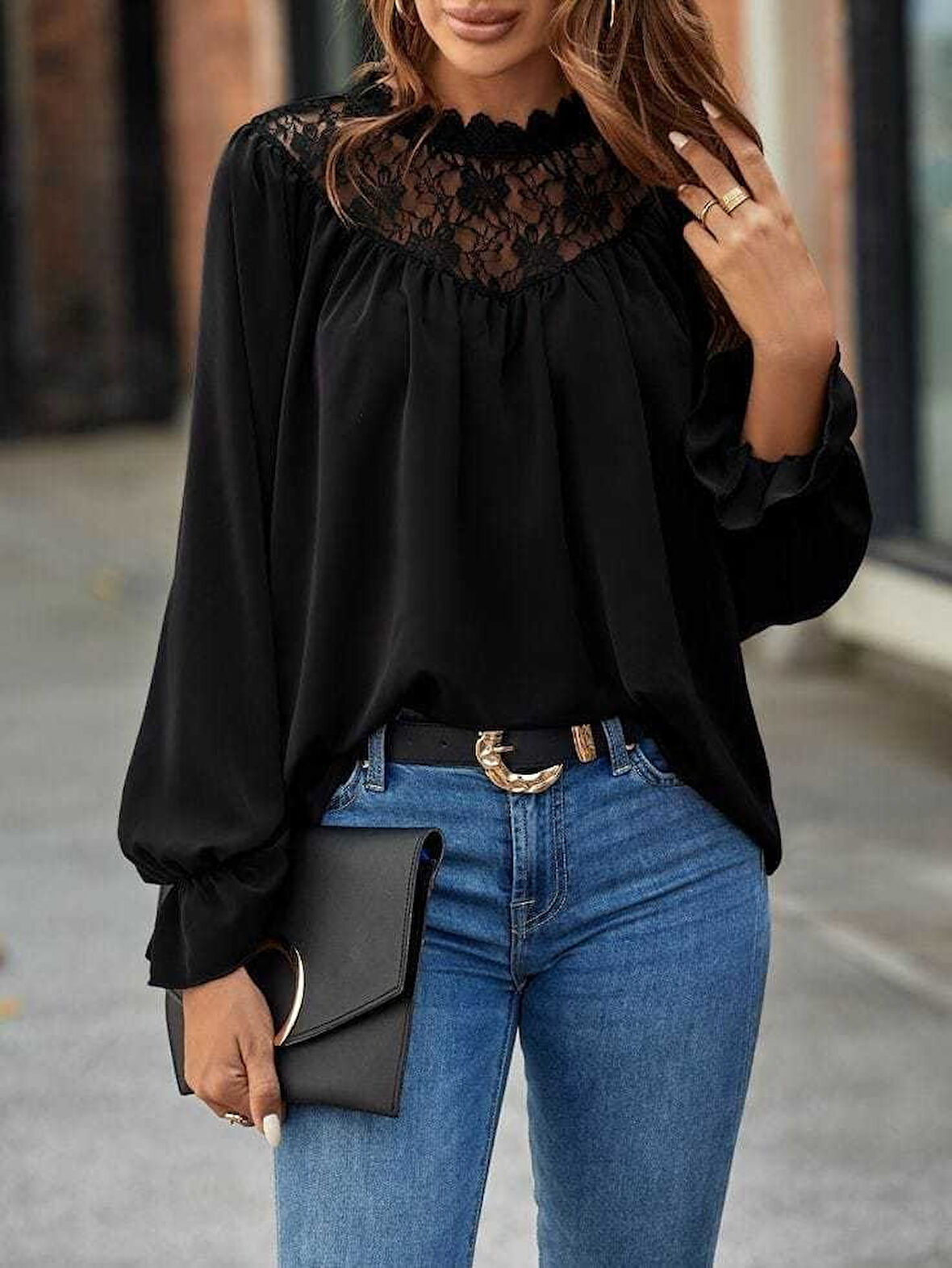 Modavera Kadın Uzun Kollu Dantelli Salaş Sandy Bluz