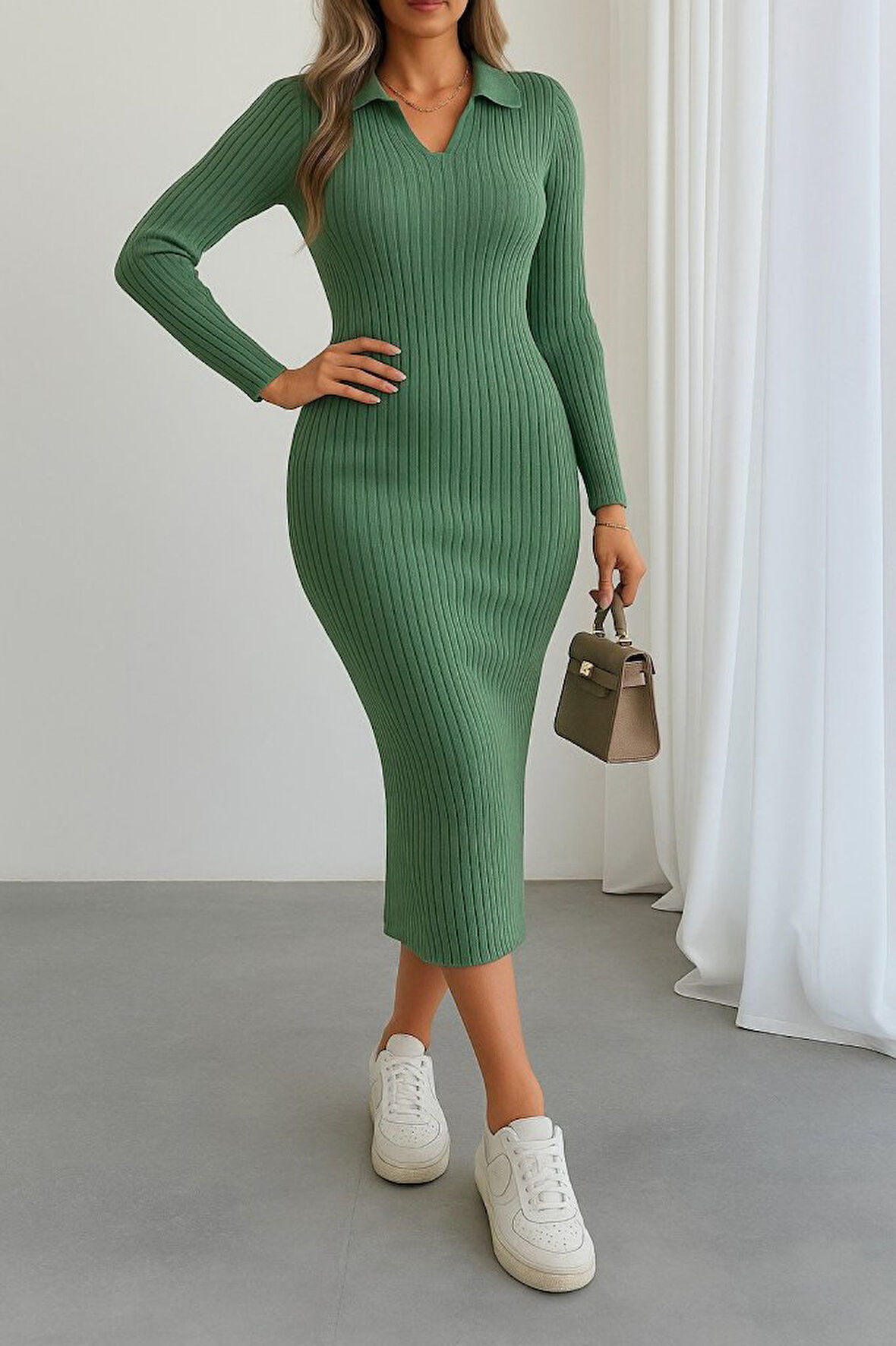 Modavera Kadın Uzun Kollu Yakalı Triko Elbise