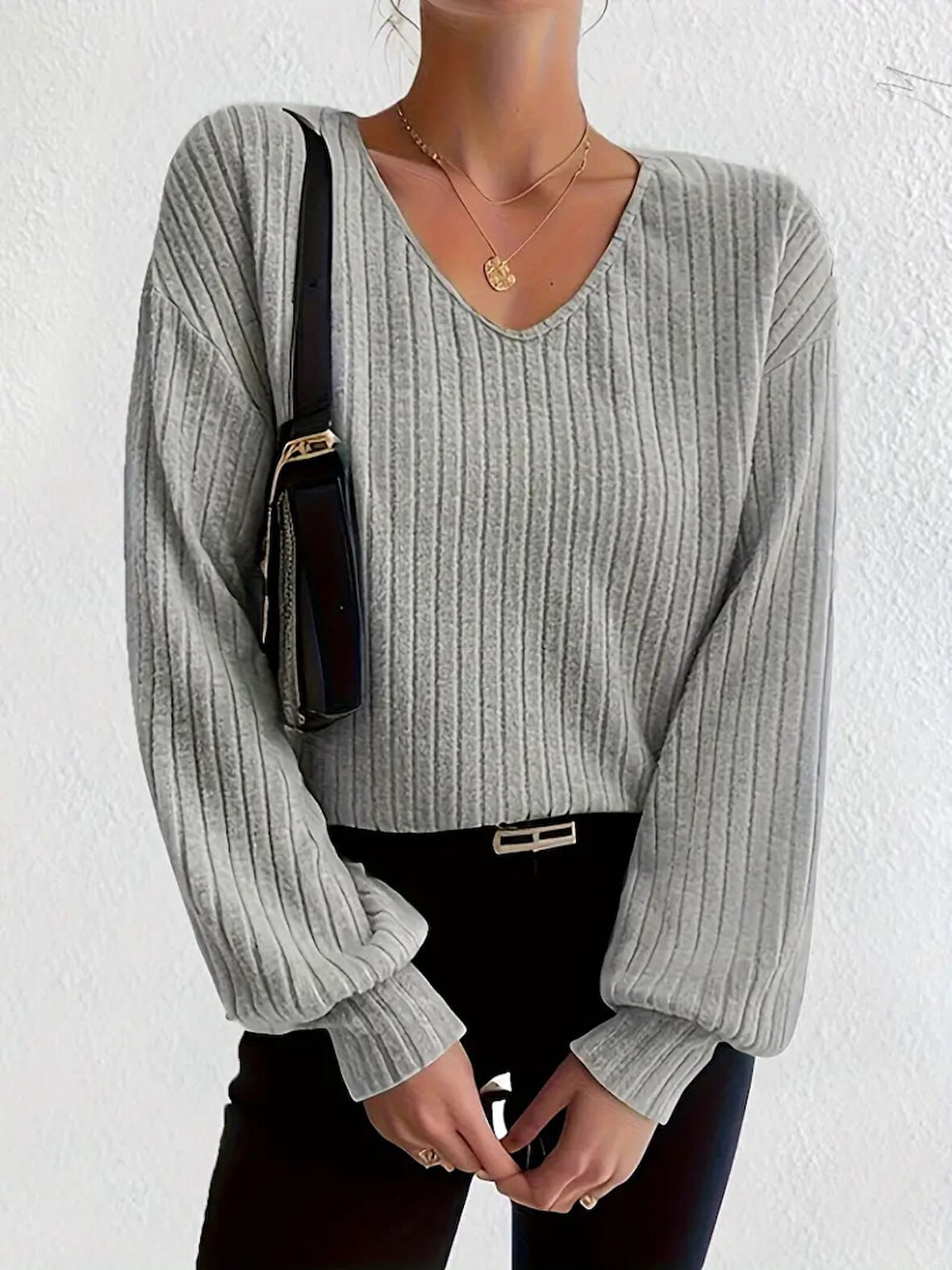 Modavera Kadın Uzun Kollu V Yakalı Salaş şardonlu Kaşkorse Bluz