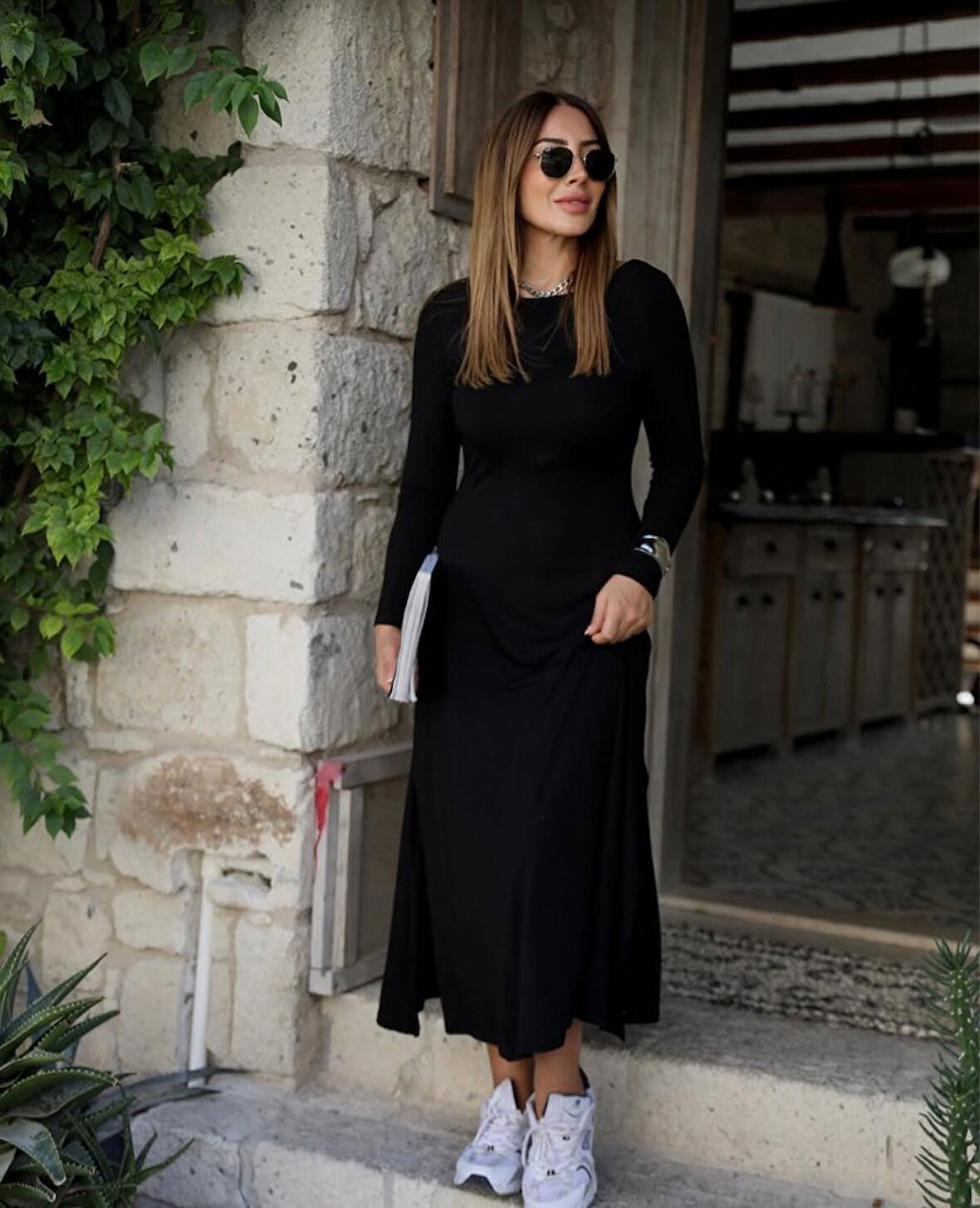 Modavera Kadın Uzun Kollu Bisiklet Yaka Arkası çapraz Detaylı Viskon Iki Iplik Maxi Elbise