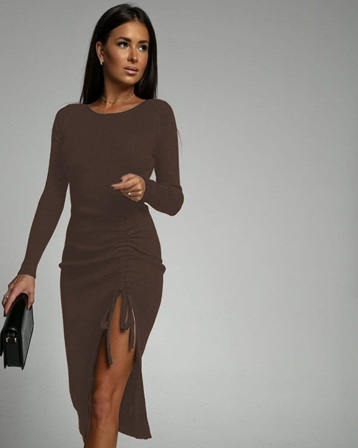 Modavera Kadın Uzun Kollu Yandan Büzgülü Yırtmaç Detay Kaşkorse Midi Boy Elbise