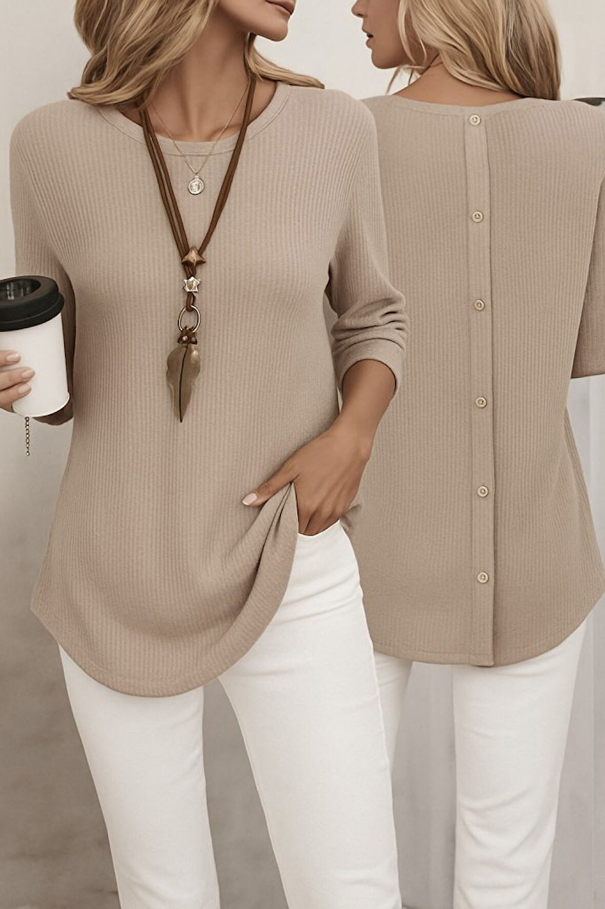 Modavera Kadın Uzun Kollu Yuvarlak Yaka Arkadan Düğmeli Waffle Bluz