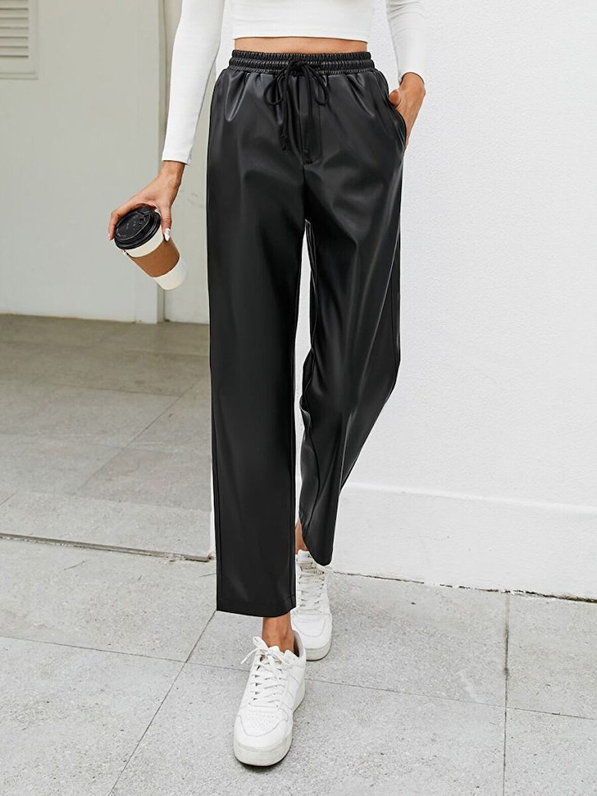 Modavera Kadın Yüksel Bel Bağcıklı Deri Pantolon