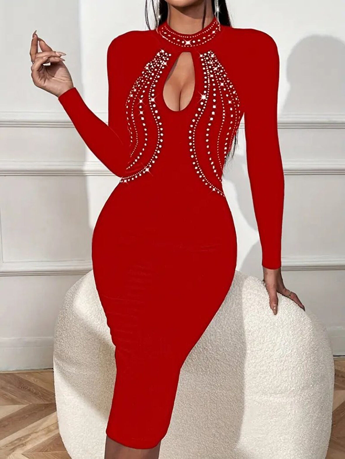 Modavera Kadın Uzun Kollu Balıkçı Yaka Taşlı Damla Detay Midi Ithal Krep Elbise