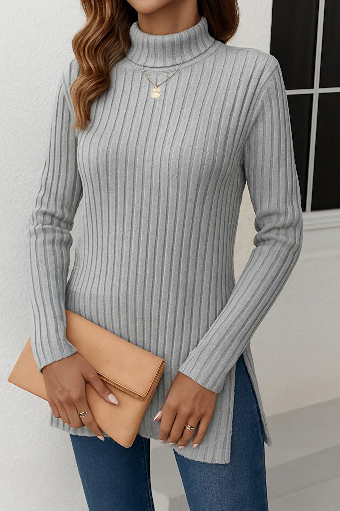 Modavera Kadın Uzun Kollu Balıkçı Yaka Yandan Yırtmaçlı şardonlu Kaşkorse Bluz