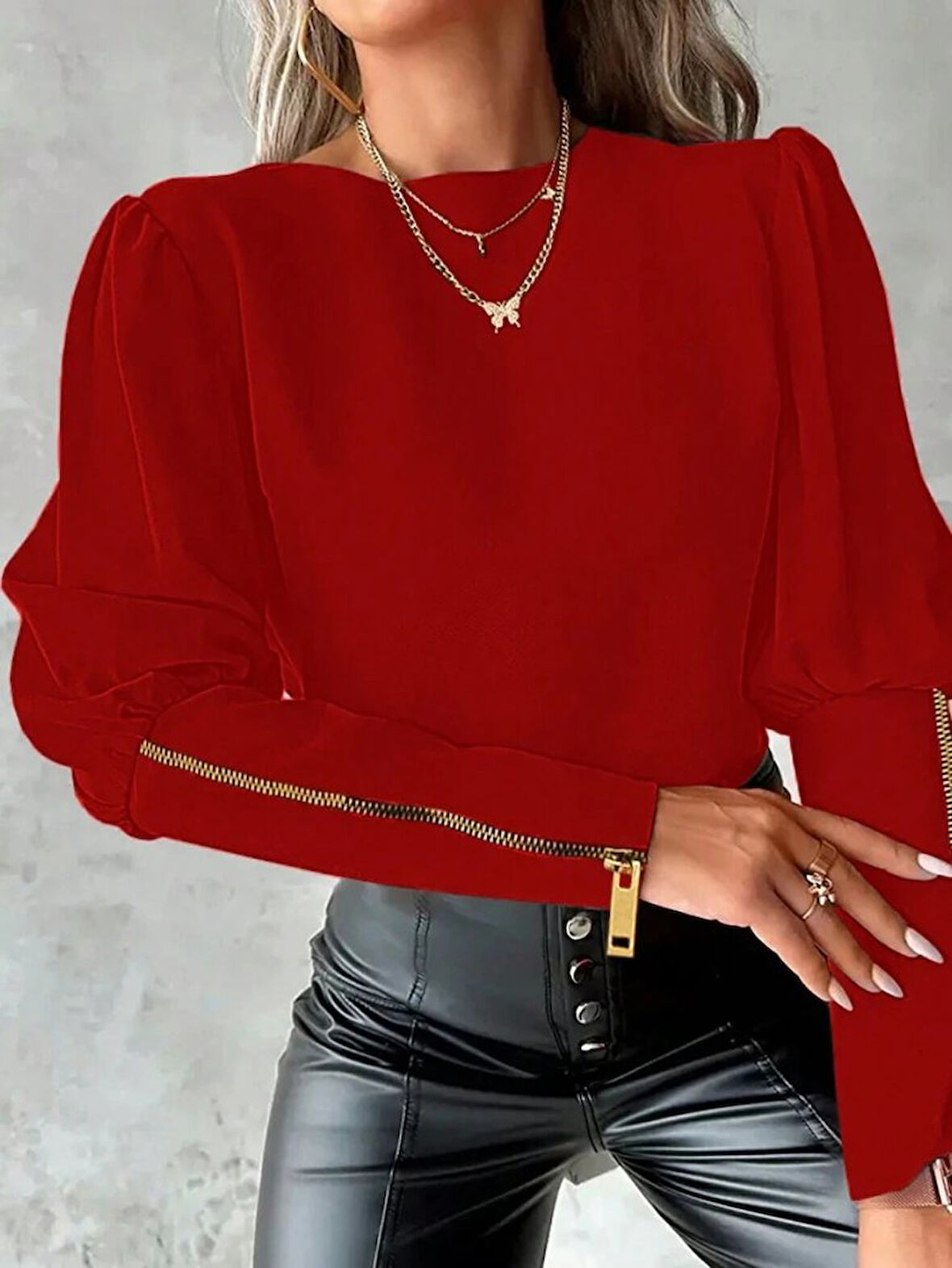 Modavera Kadın Uzun Kollu Bisiklet Yaka Fermuar Detaylı Ithal Krep Bluz