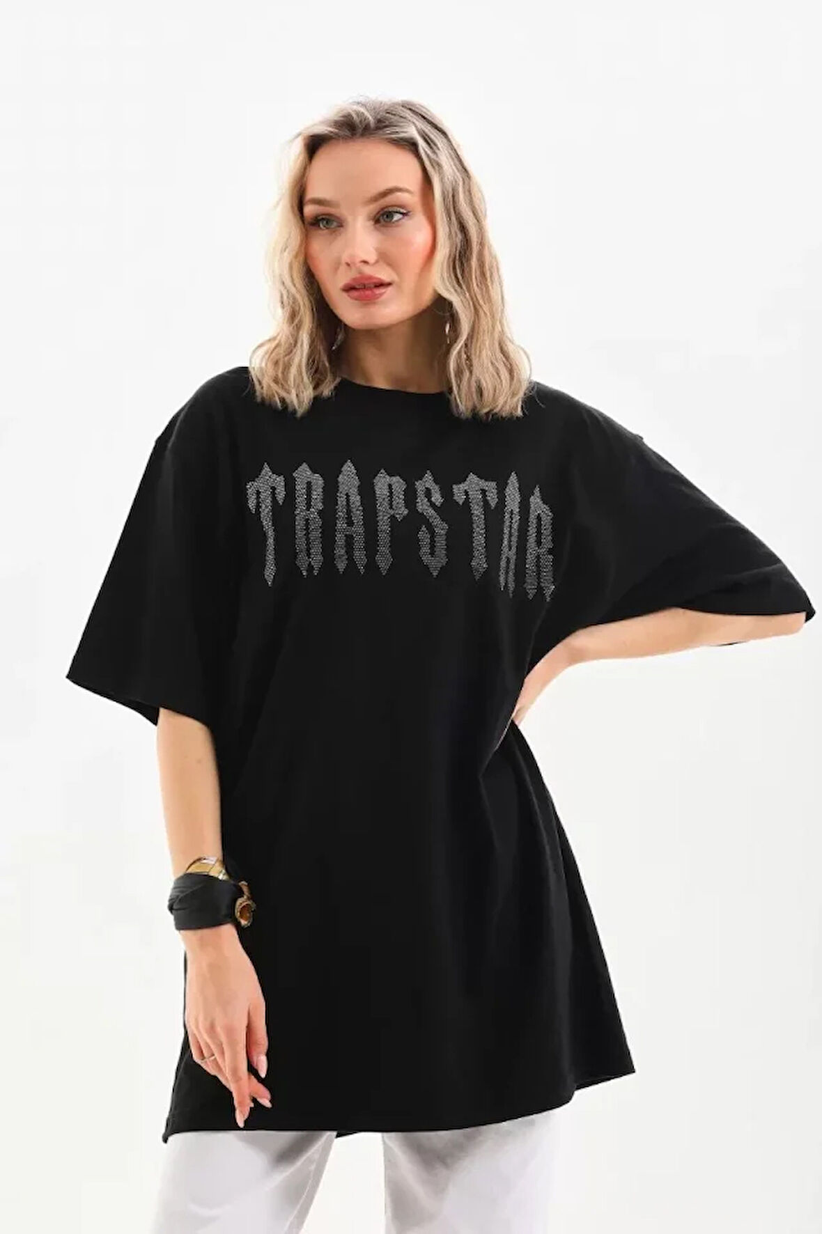 Modavera Unisex Taş Desenli Oversize T-Shirt - Siyah