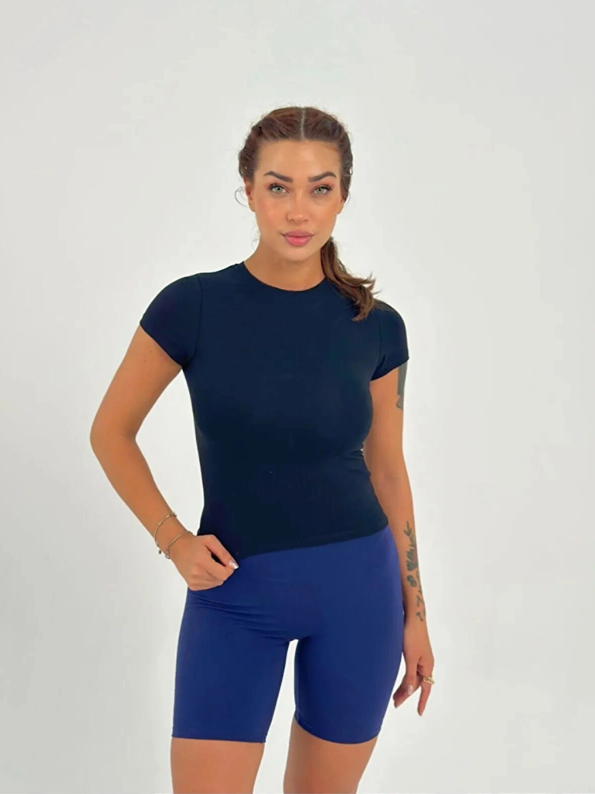 Maison La Femme Koyu Lacivert Fitted/vücuda Oturan Crop T-shirt