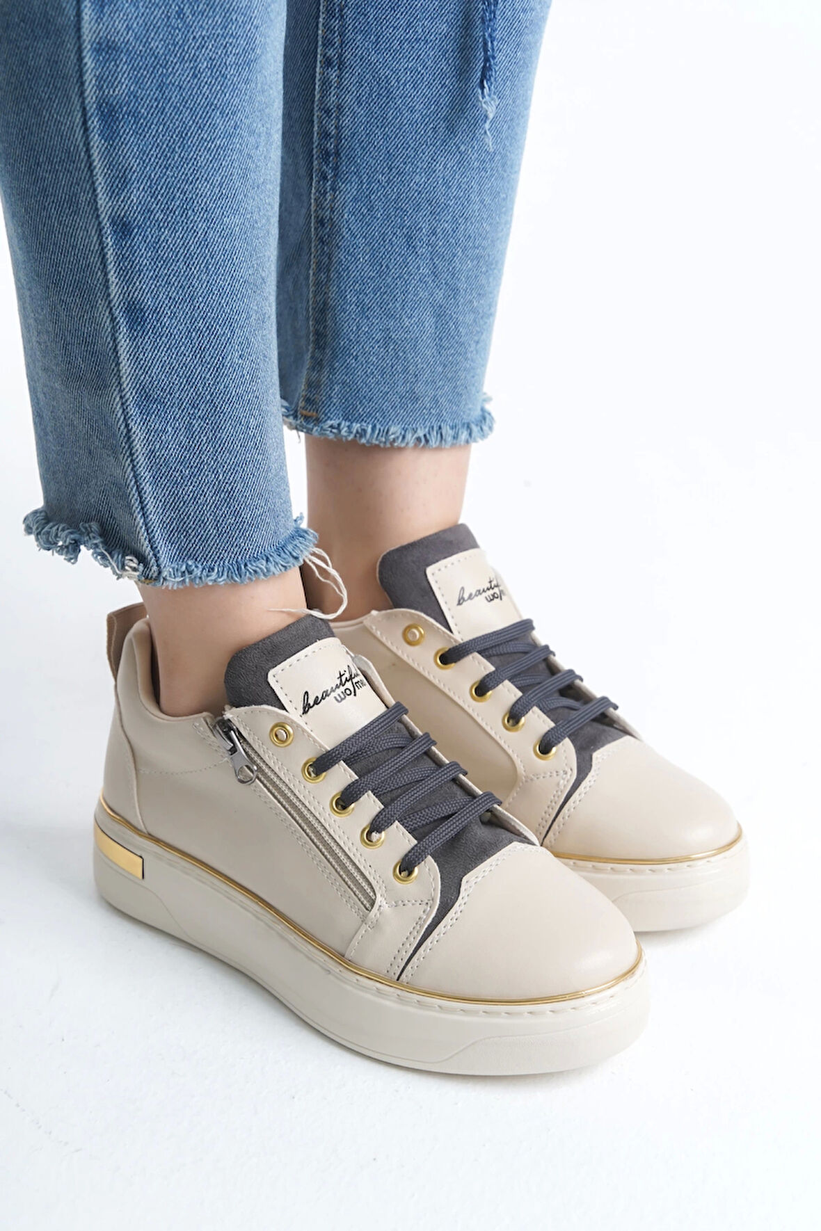 Dına Bağcıklı Fermuarlı Ortopedik Taban Kadın Sneaker Spor Ayakkabı  Kt - Krem/gri/altın