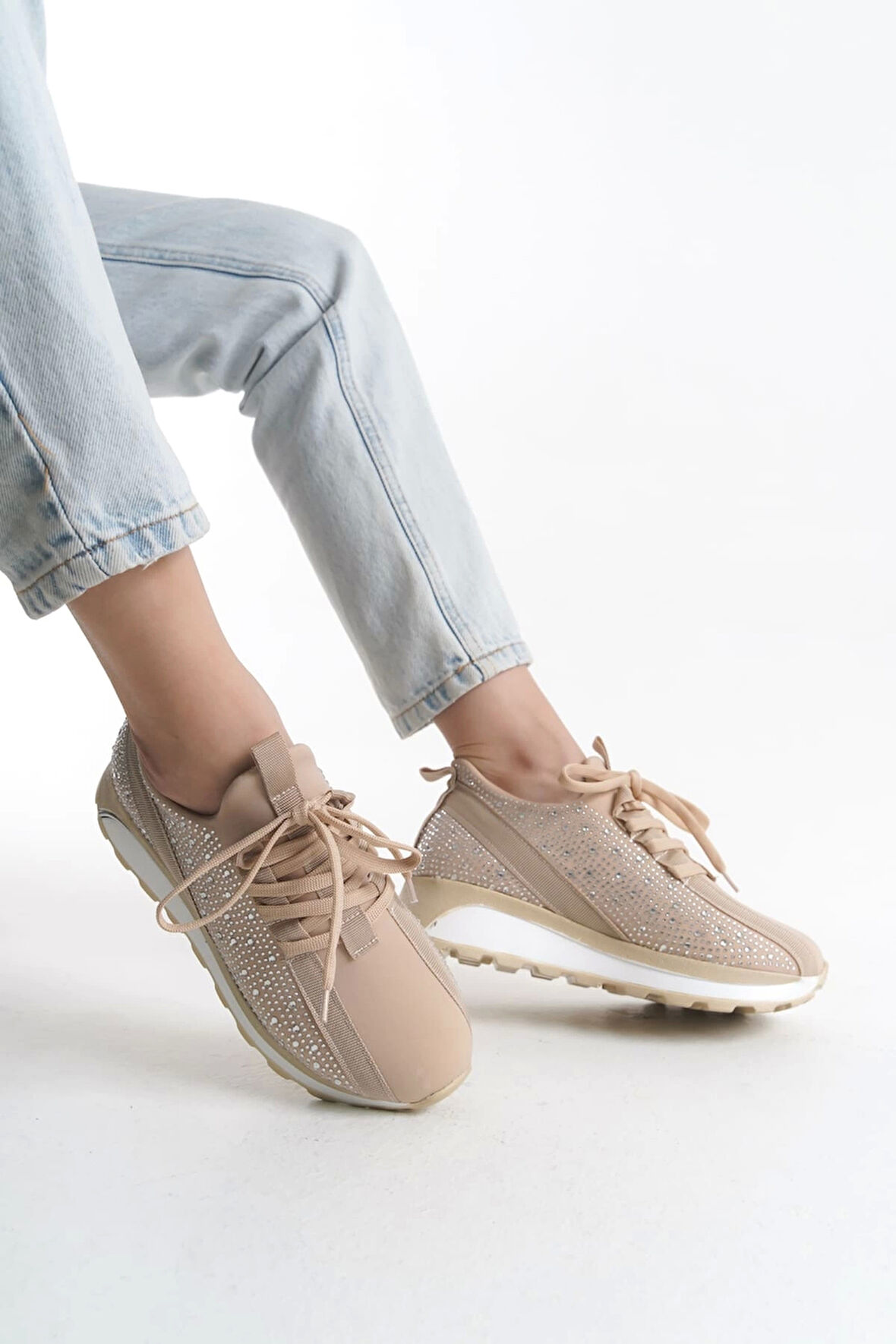 Alya Bağcıklı Ortopedik Taban Taşlı Kadın Sneaker Spor Ayakkabı Bt - Krem