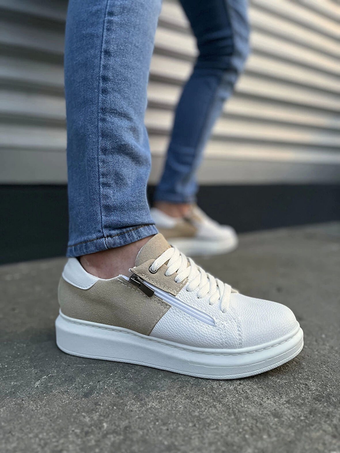Tb155 Warrior Bağcıklı Ve Fermuarlı Cilt Süet Erkek Günlük Sneaker Ayakkabı Csbt - Beyaz/krem