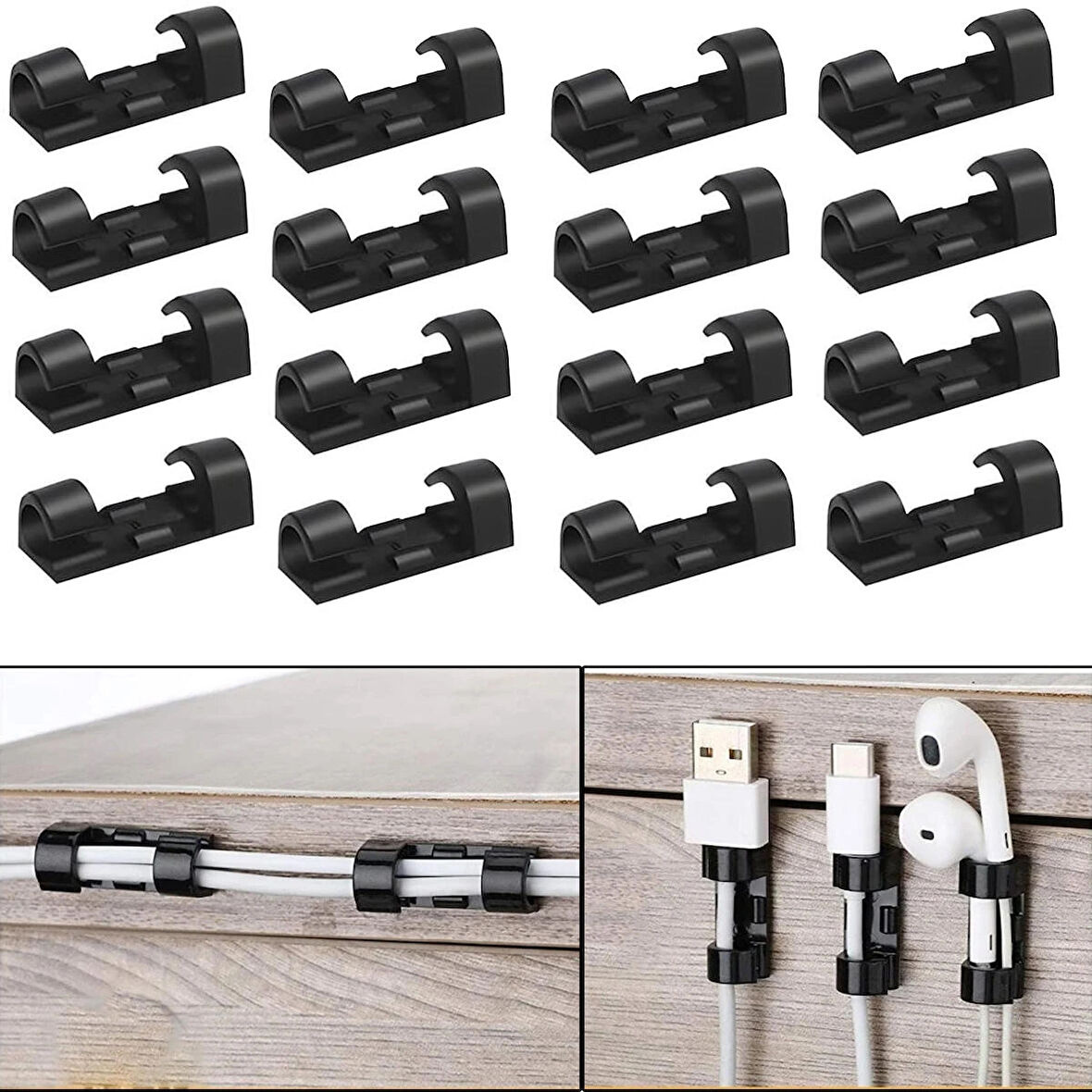 Microcase Yapışkanlı Kablo Sabitleyici Düzenleyici Çok Amaçlı Kablo Toparlayıcı Klips Set - SİYAH AL4552 16 Adet