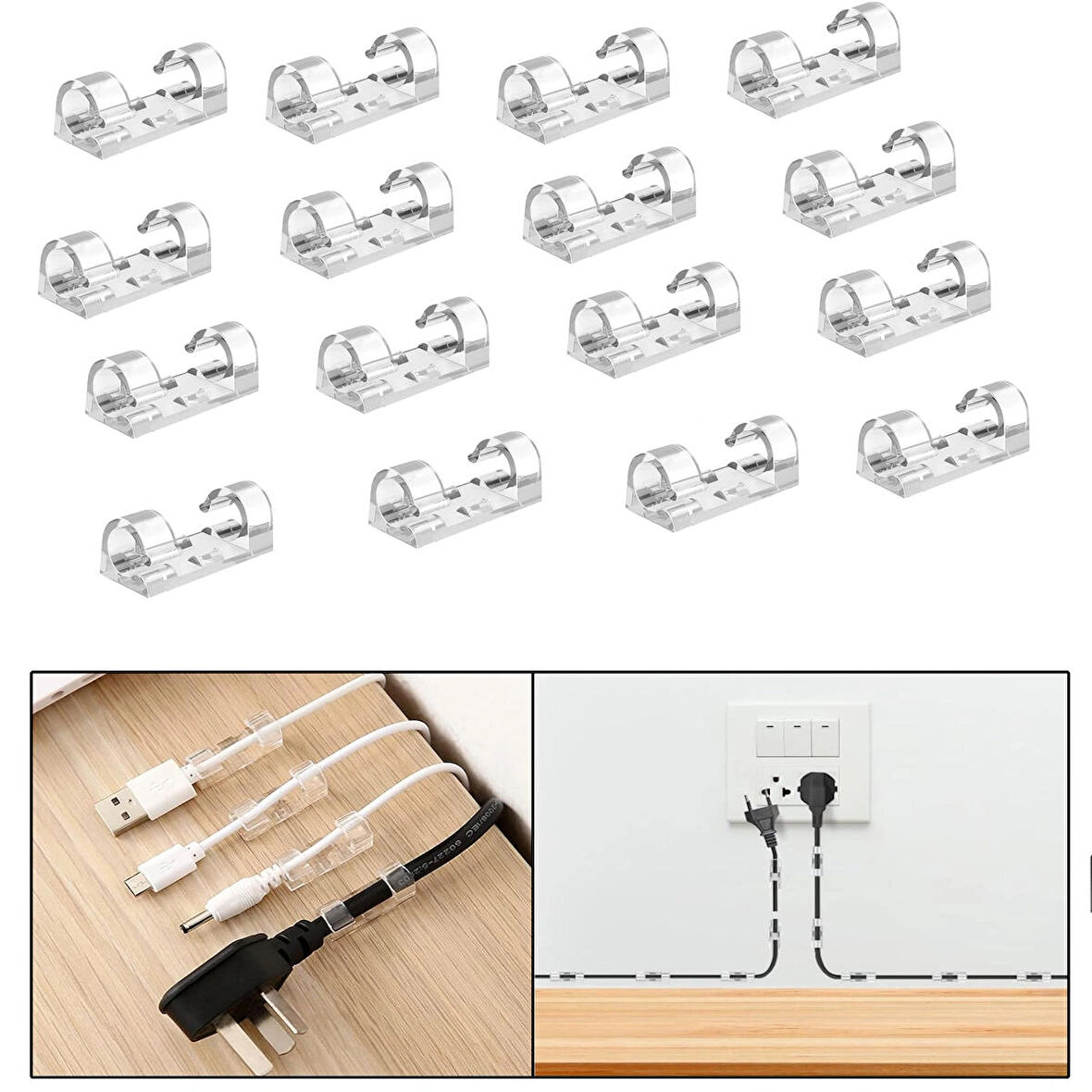 Microcase Yapışkanlı Kablo Sabitleyici Düzenleyici Çok Amaçlı Kablo Toparlayıcı Klips Set - ŞEFFAF AL4552 16 Adet