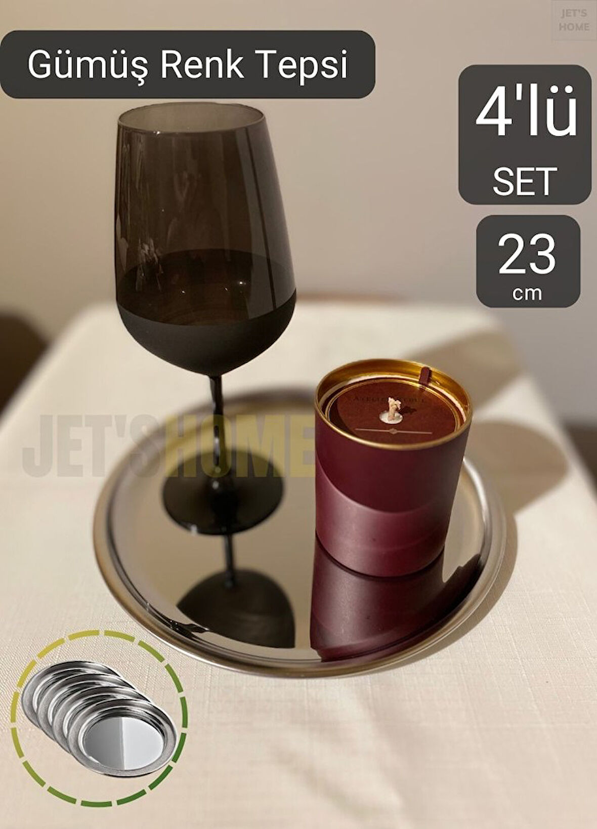 4’lü Set Lüx Sunum Tepsisi Paslanmaz Kahve Tepsisi Çelik Tepsi Yuvarlak Çeyizlik Tepsi 23 cm