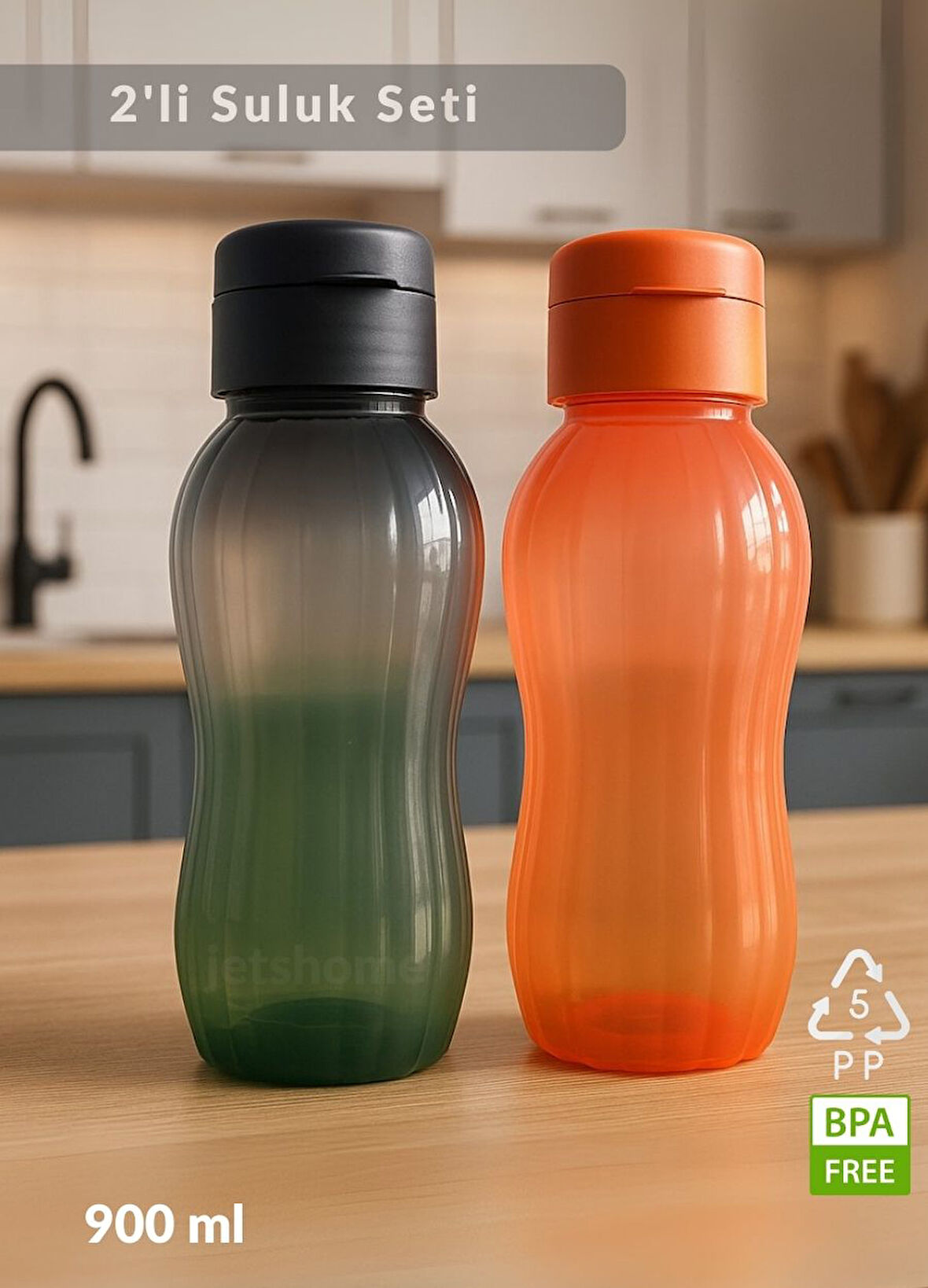 Suluk 2'li Set Su Şişesi BPA Free Okul Suluğu PP-5 Suluk Spor Okul Ofis Suluğu Siyah-Turuncu 900 ml