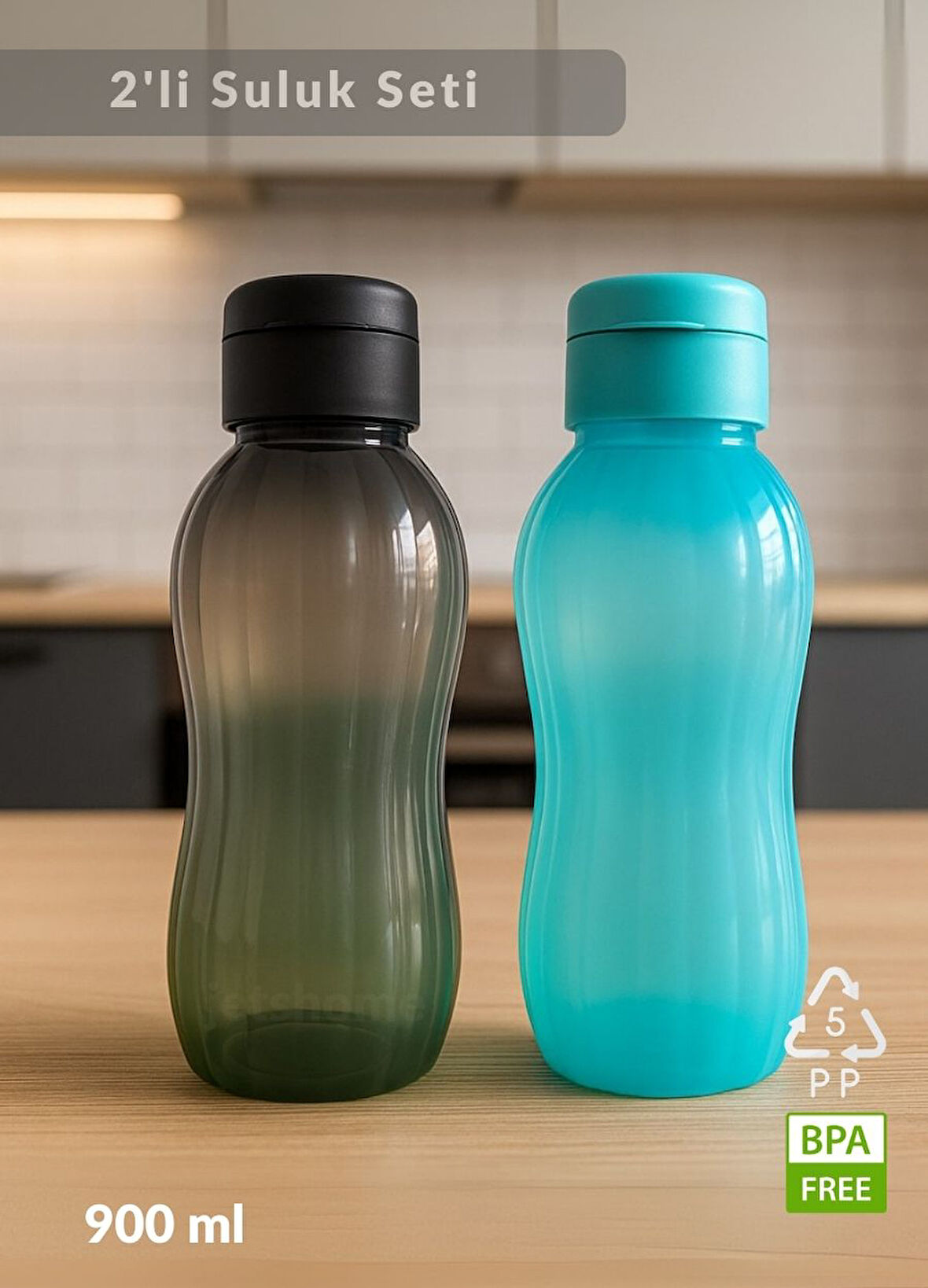 Suluk 2'li Set Su Şişesi BPA Free Okul Suluğu PP-5 Suluk Spor Okul Ofis Suluğu Siyah-Mavi 900 ml