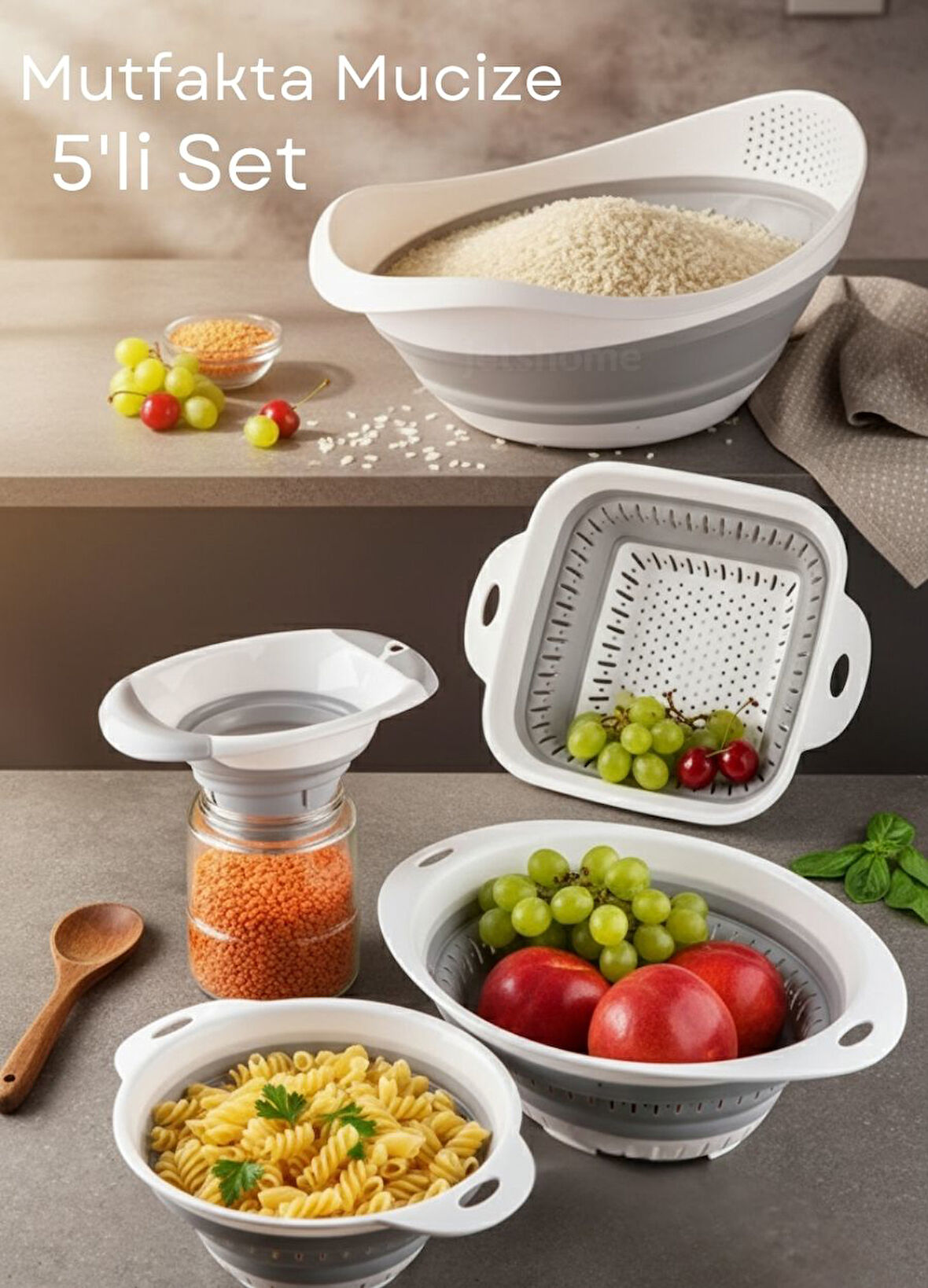 Çeyizlik 5’li Katlanır Süzgeç Seti – Pratik, Yer Tasarruflu Akordiyon Tasarım