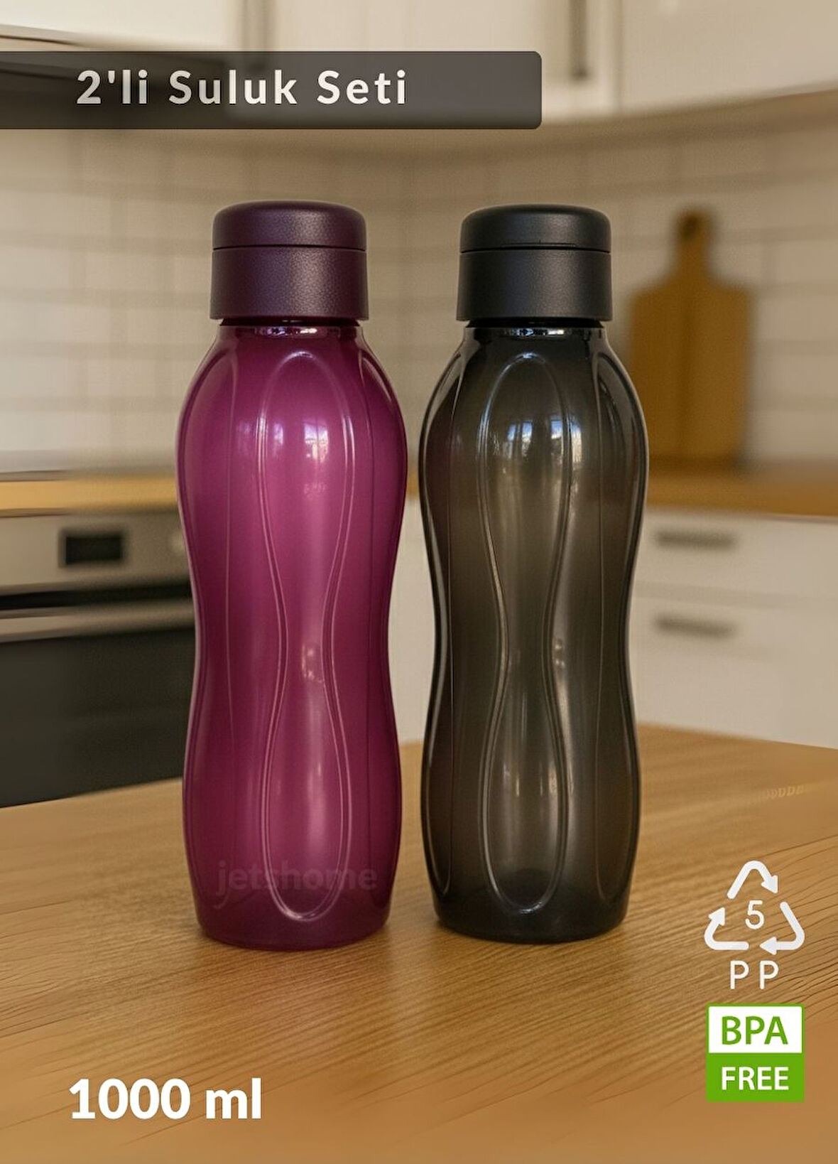 2’li PP-5 Su Şişesi Seti – 1000 ml Sızdırmaz Matara, BPA Free, Ev-İş-Spor İçin Siyah-Mürdüm