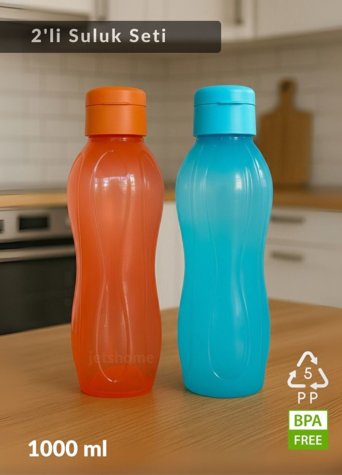 2’li PP-5 Su Şişesi Seti – 1000 ml Sızdırmaz Matara, BPA Free, Ev-İş-Spor İçin Mavi-Turuncu