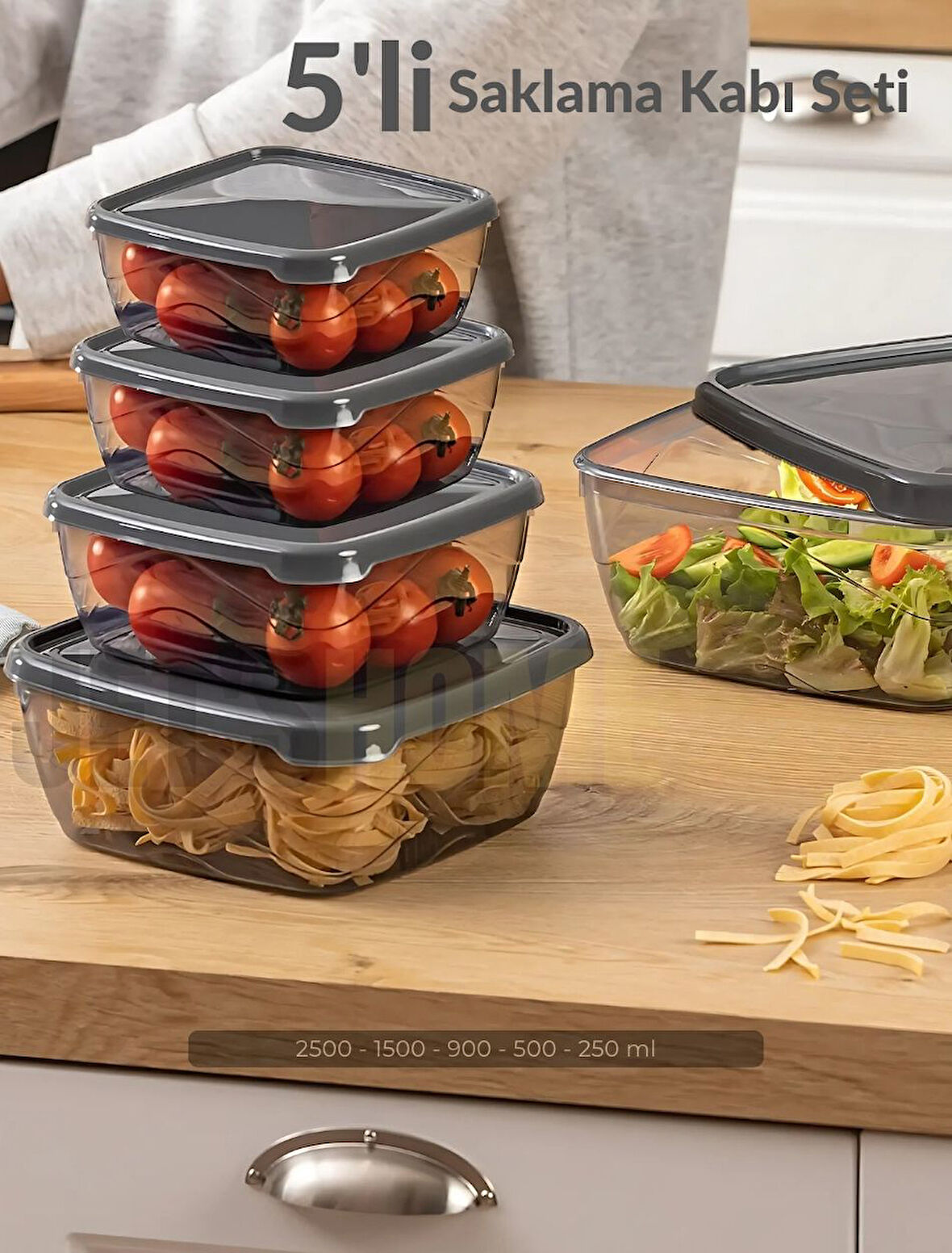 5’li Set Kare Saklama Kabı Seti BPA Free Erzak Kabı Bakliyat Saklama Kapları Buzdolabı Kabı