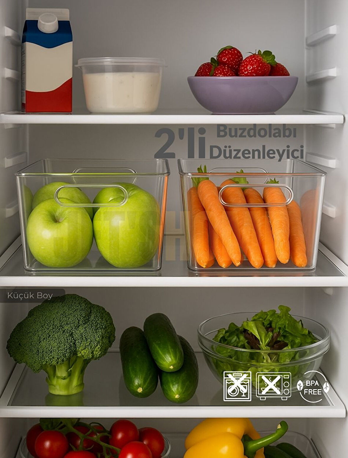 2'li Buzdolabı İçi Düzenleyici Saklama Organizeri Bpa Free Düzenleyici Darbeye Dayanaklı 27X18X9 cm