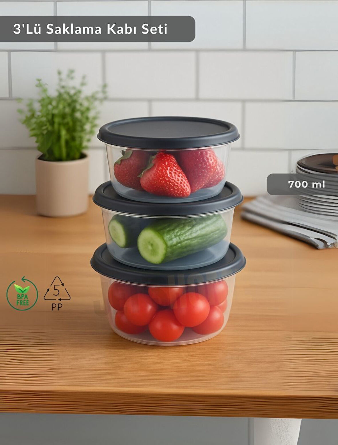 Yuvarlak 3'Lü Saklama Kabı Bpa Free Derin Dondurucu için Uygun Beslenme Kabı 700 ml