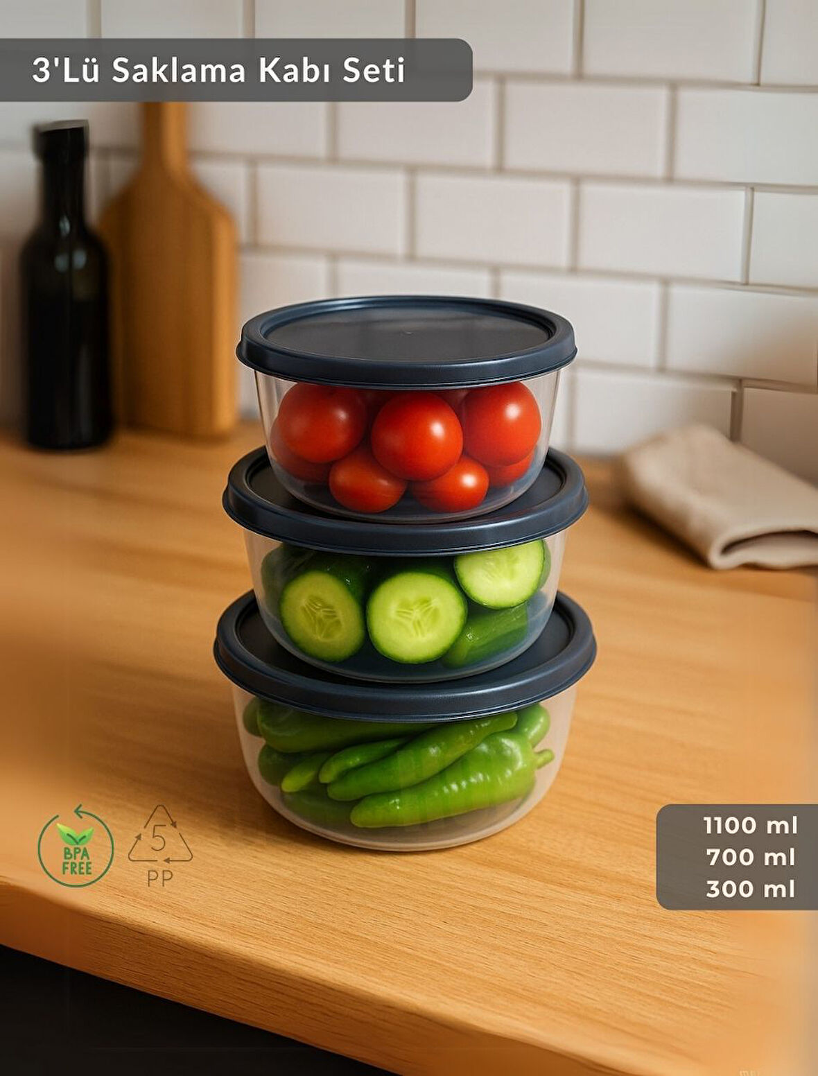 Yuvarlak 3'Lü Saklama Kabı Bpa Free Derin Dondurucu için Uygun Beslenme Kabı 1100-700-300 ml