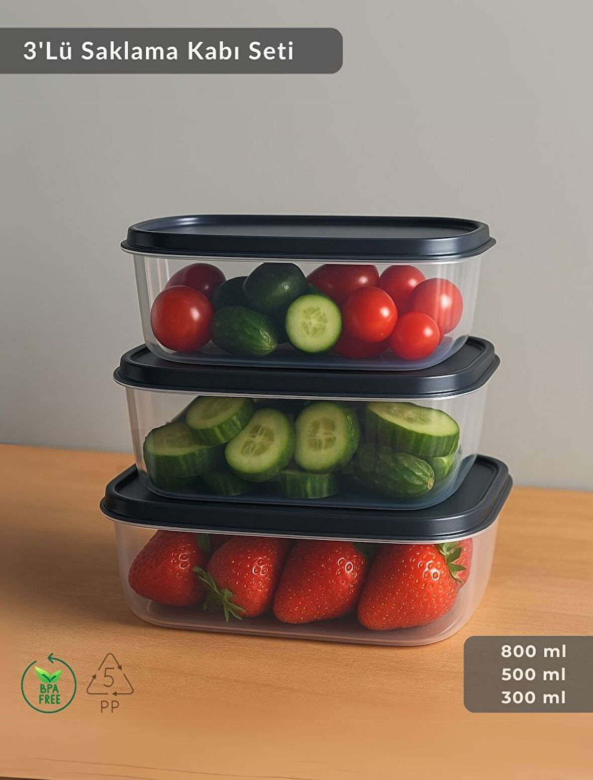 Dikdörtgen 3'Lü Saklama Kabı Bpa Free Derin Dondurucu için Uygun Beslenme Kabı 800-500-300 ml