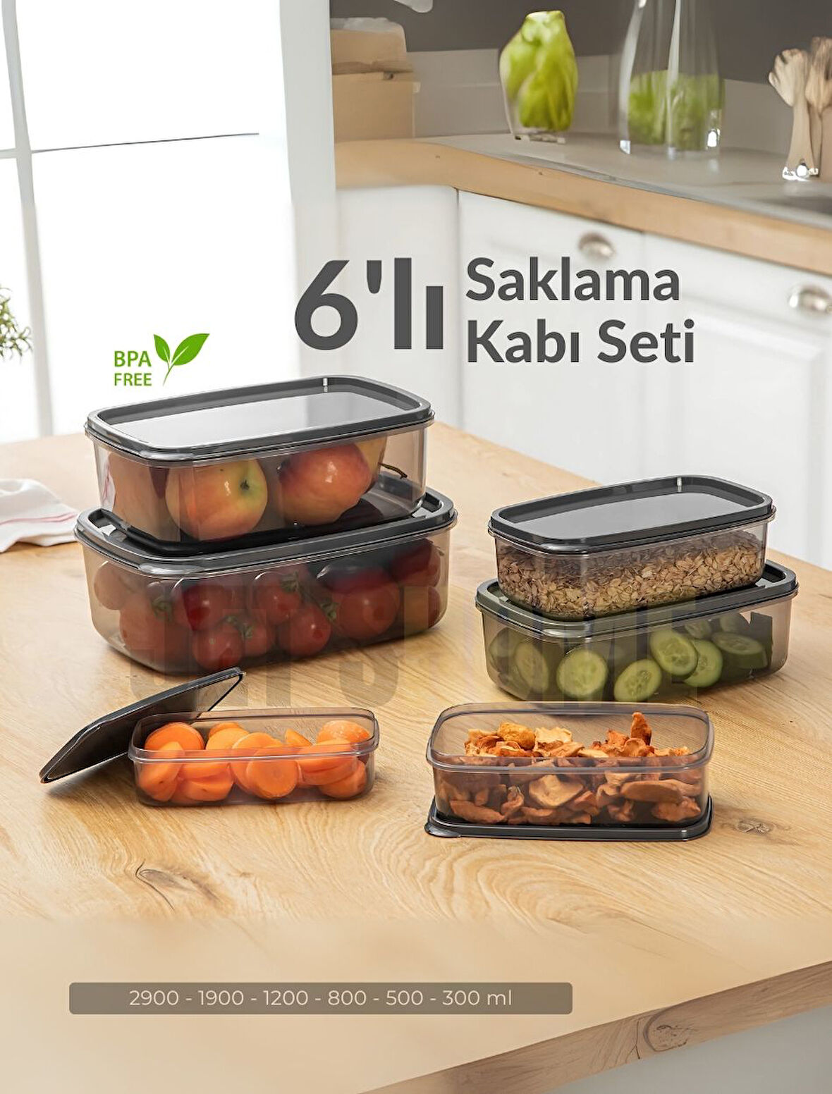 6'lı Set Erzak Saklama Kabı Seti BPA Free Erzak Kabı Bakliyat Saklama Kapları Buzdolabı Kabı