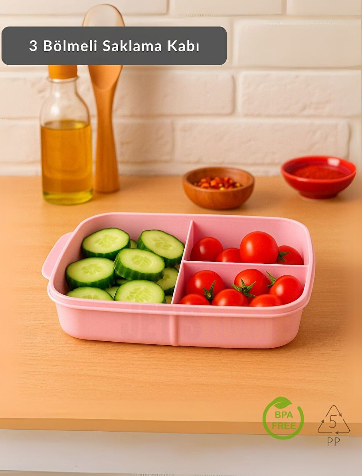 3 Bölmeli Saklama Kabı Bpa Free Beslenme Kabı Hava Almaz Kab Pembe 1500 ml