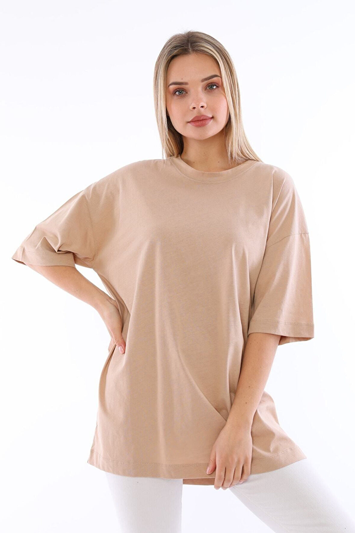 Unisex Pamuk Krem Bisiklet Yaka Boyfriend Örme Oversize T-shirt