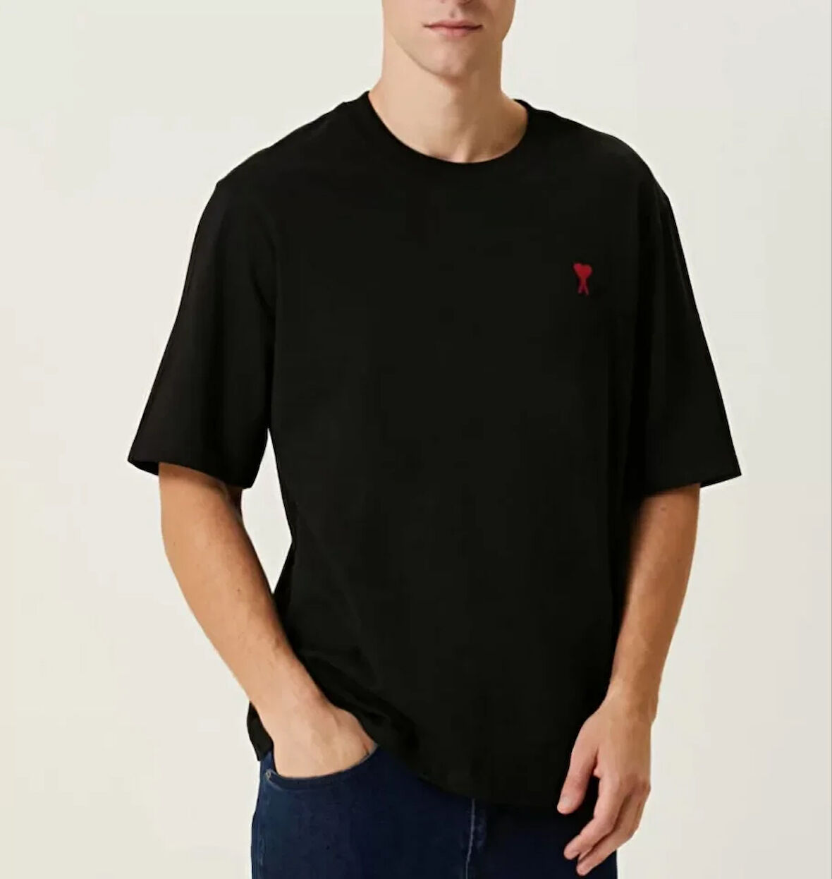 Unisex Bisiklet Yaka Baskılı Oversize T-Shirt - Siyah