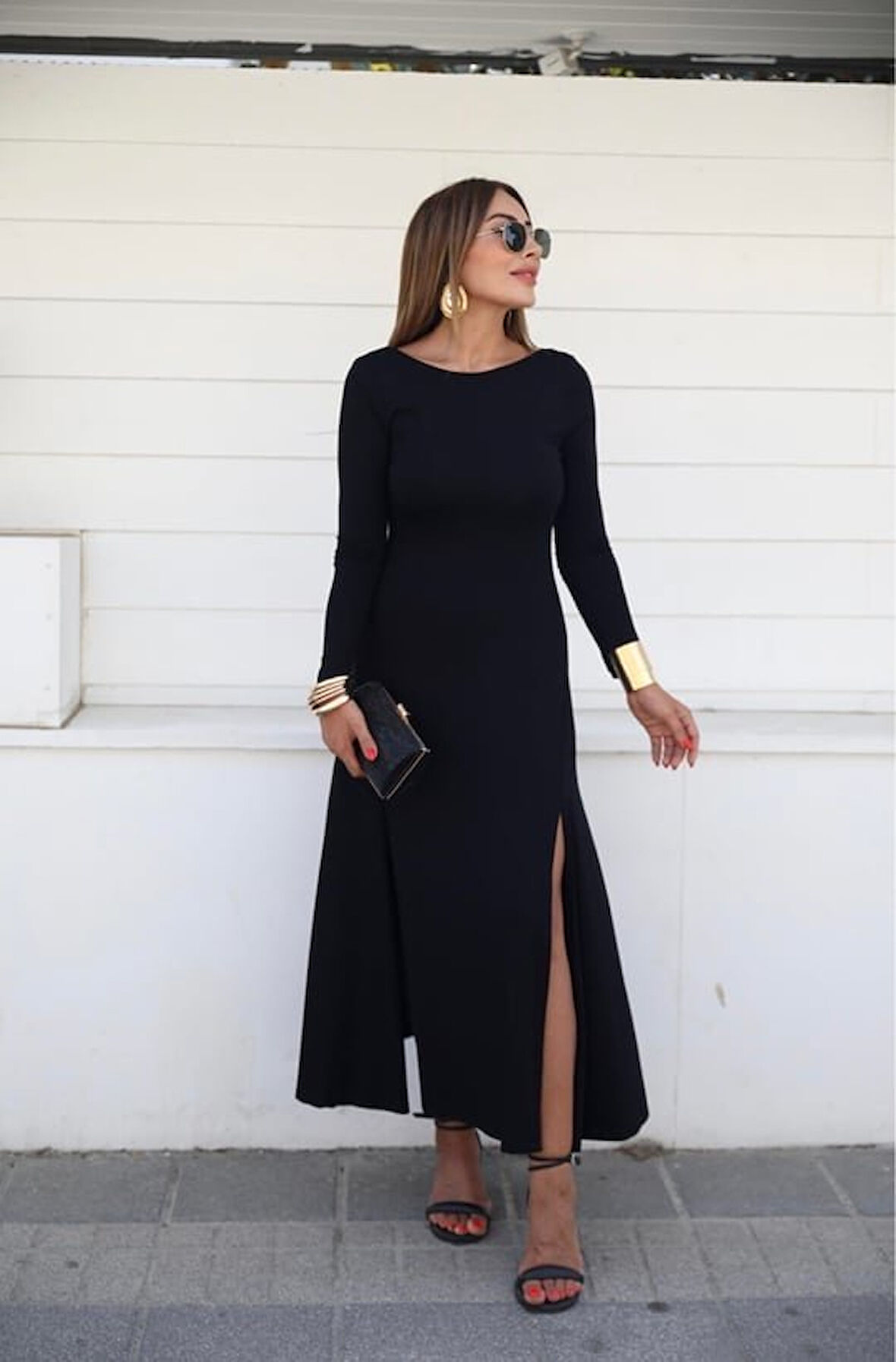 Kadın Uzun Kollu Hafif Kayık Yaka Sırt Dekolteli Yırtmaç Detaylı Viskon Tam Boy Elbise