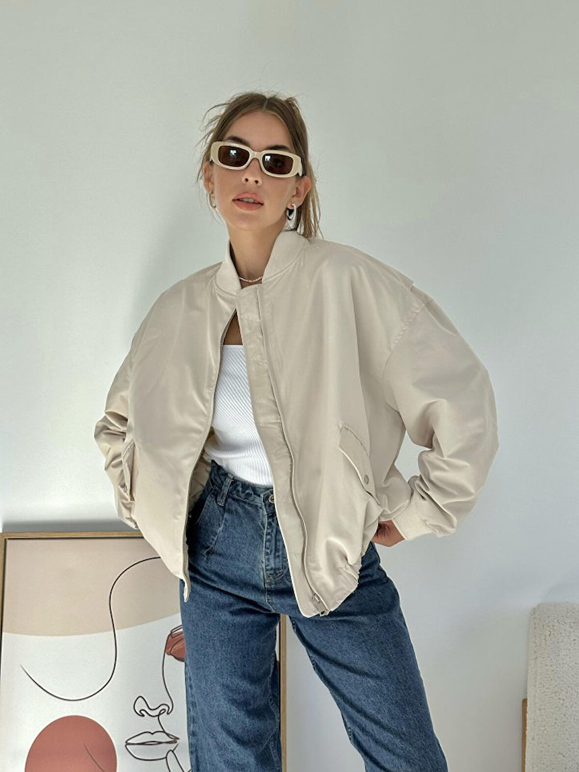 Bej Parçalı Bomber Ceket