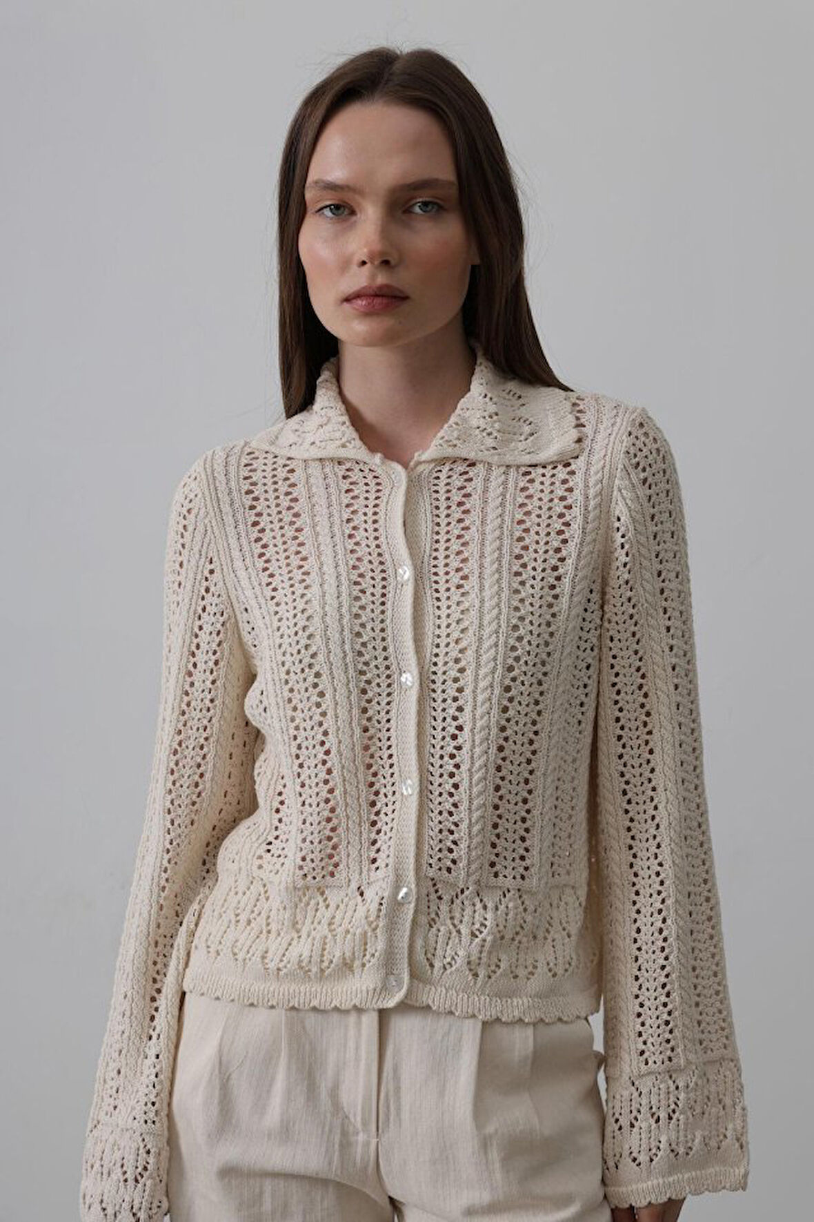 Gömlek Yaka Uzun Kol Triko - Ekru